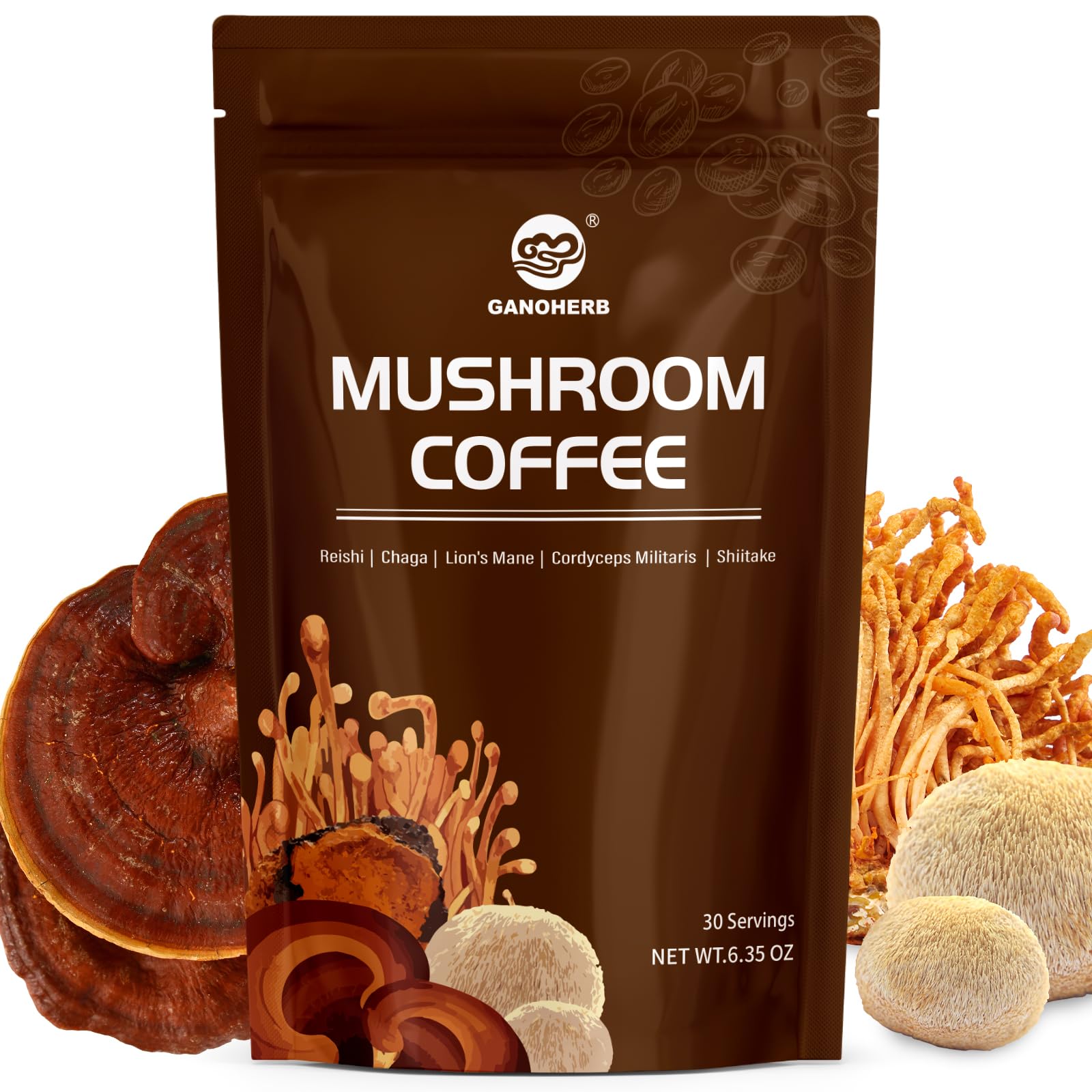 GANOHERB Instant Mushroom Coffee Powder, Arabica Coffee Mix with 5 Adaptogen Mushrooms, Lions Mane, Reishi, Chaga, Cordyceps, Shiitake and MCT Oil