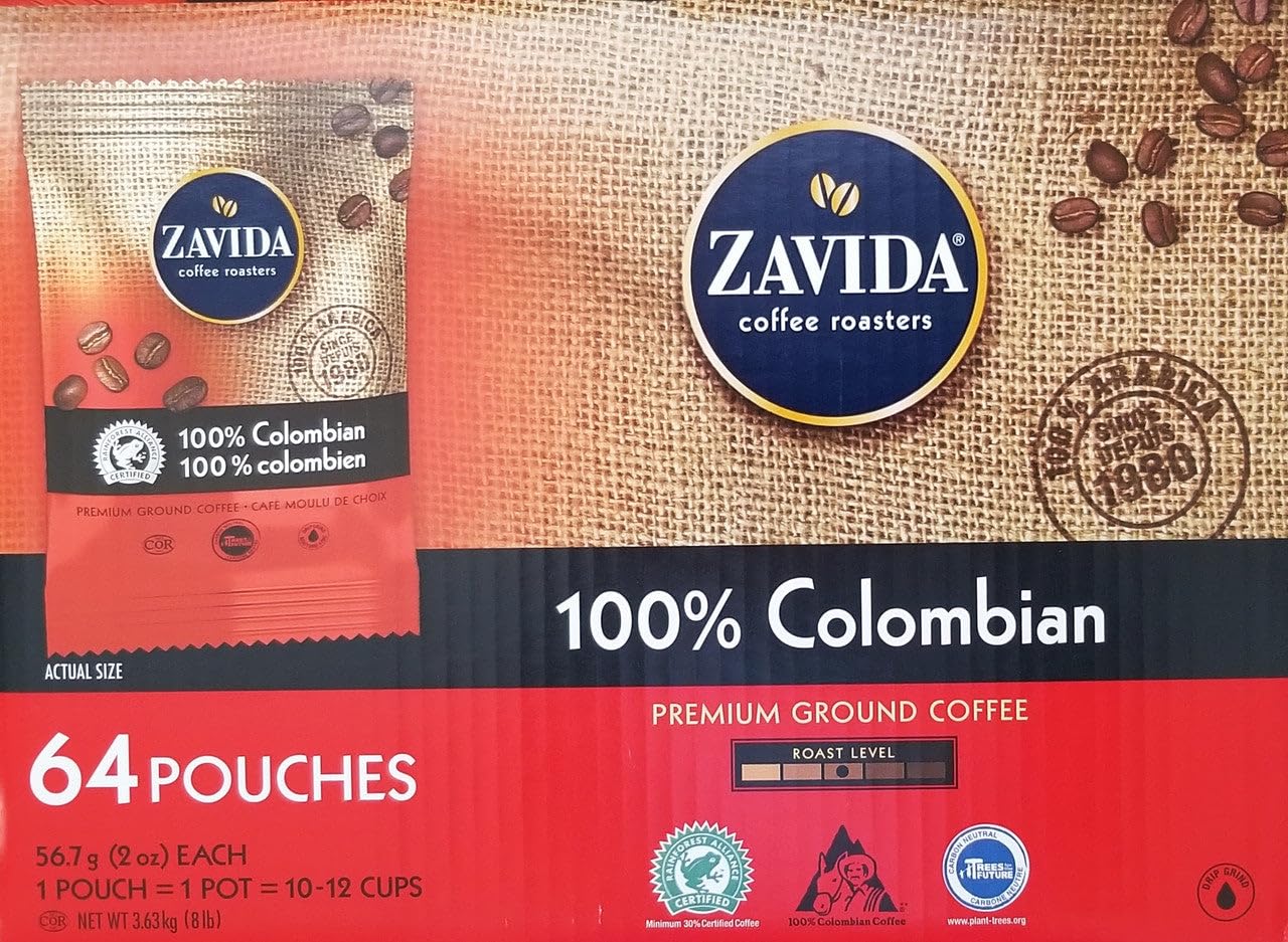 Zavida 64 Piece Coffee Pouches, 100% Colombian, 8 Pound