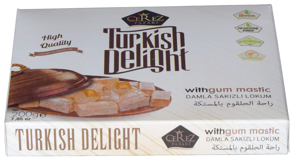Cerez Pazari Turkish Delight with Fantastic Gum Mastic 7 oz Gourmet Small Size Snacks Gift Box | No Nuts Sweet Luxury Traditional Confectionery Vegan