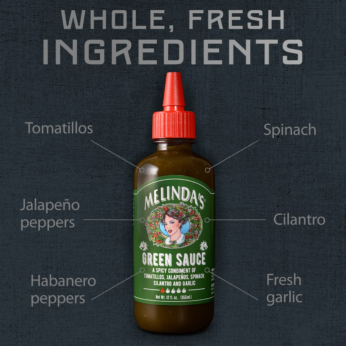 Melinda’s Green Sauce - Gourmet Mild Chile Verde Hot Sauce Made With Fresh Ingredients, Tomatillos, Jalapeño, Spinach & Cilantro - 12 oz, 2 Pack