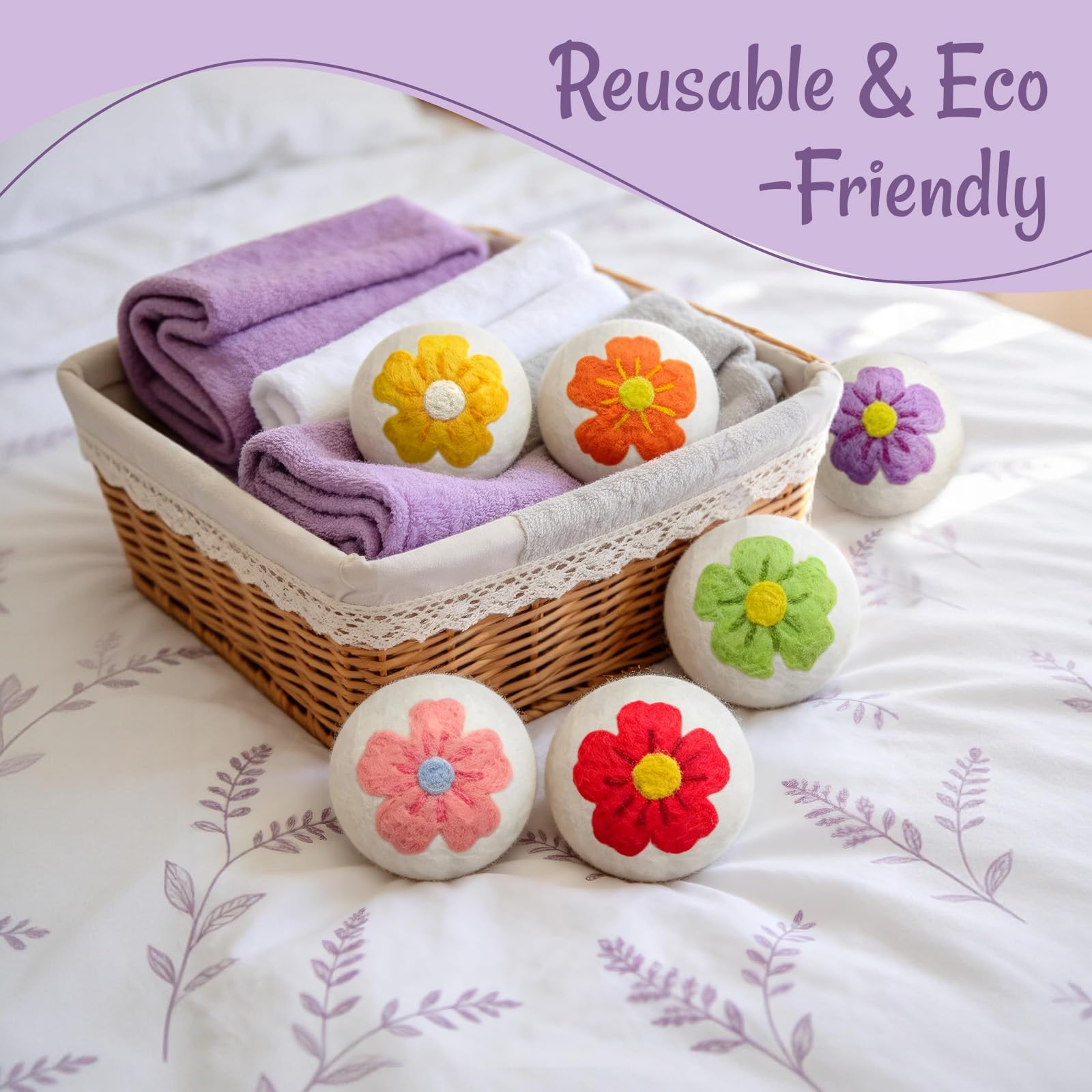 Uloryce Wool Dryer Balls XL 6 Pack, Reusable Laundry Dryer Balls with Cute Floral Design, Reduce Drying Time, Soften Clothes, Anti Static, Eco