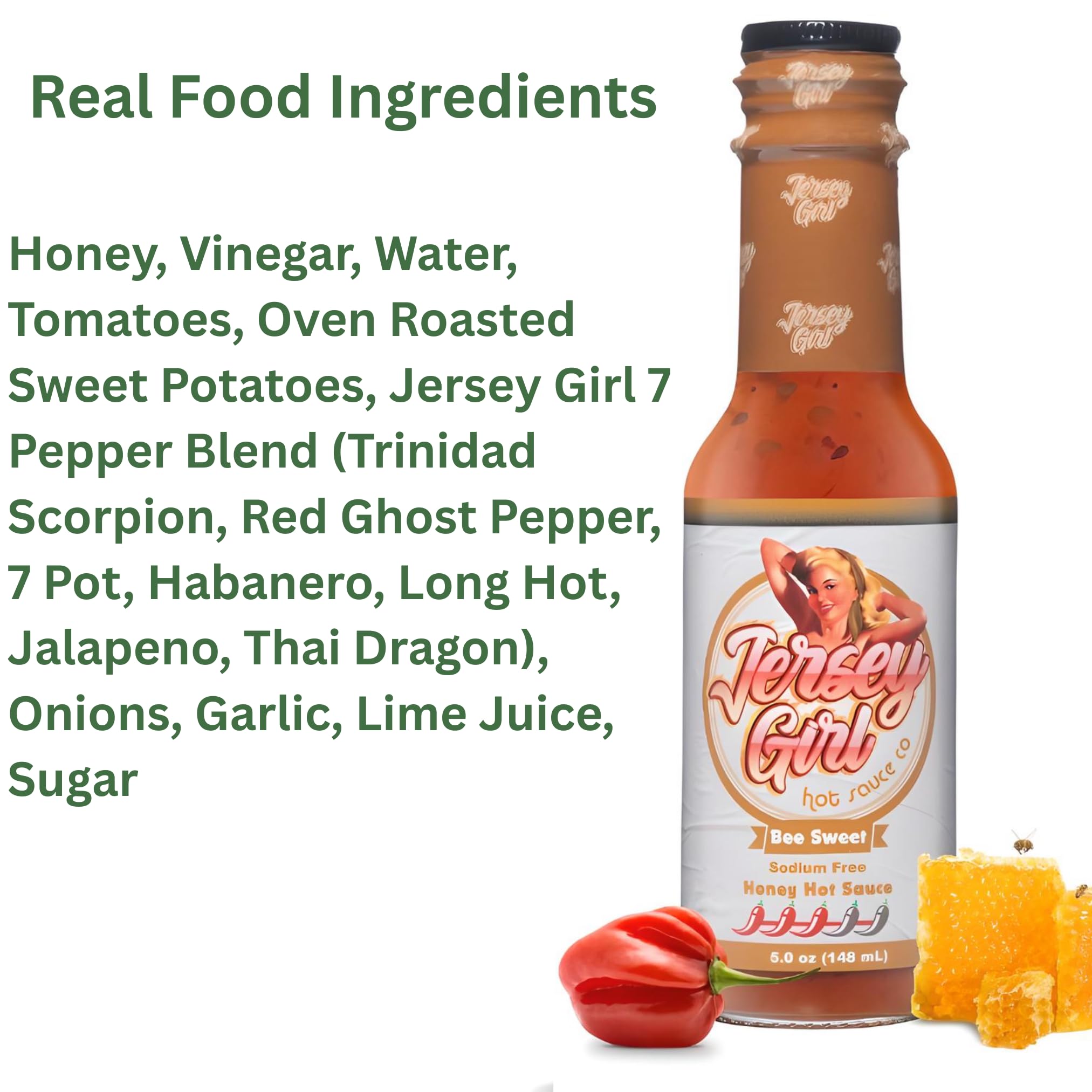 Jersey Girl (Bee Sweet Honey Hot Sauce) Scorpion & Ghost Pepper / 5 oz Bottle/No Sodium/Salt Free/Pack of 2