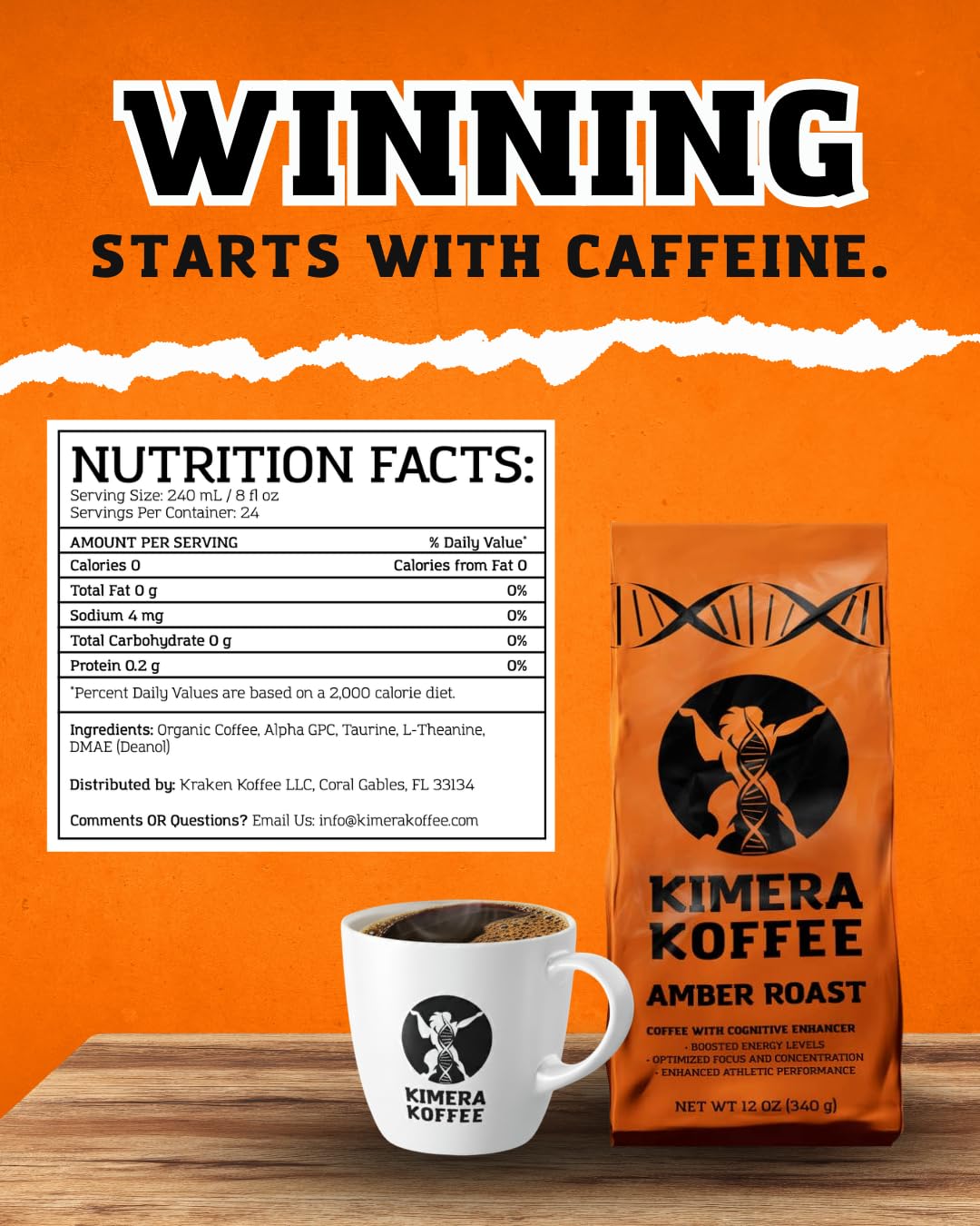 Kimera Koffee Amber Blend - Organic Honey-Processed Light Roast Nootropic Coffee with Alpha-GPC, Taurine, DMAE, L-Theanine, 12oz Ground