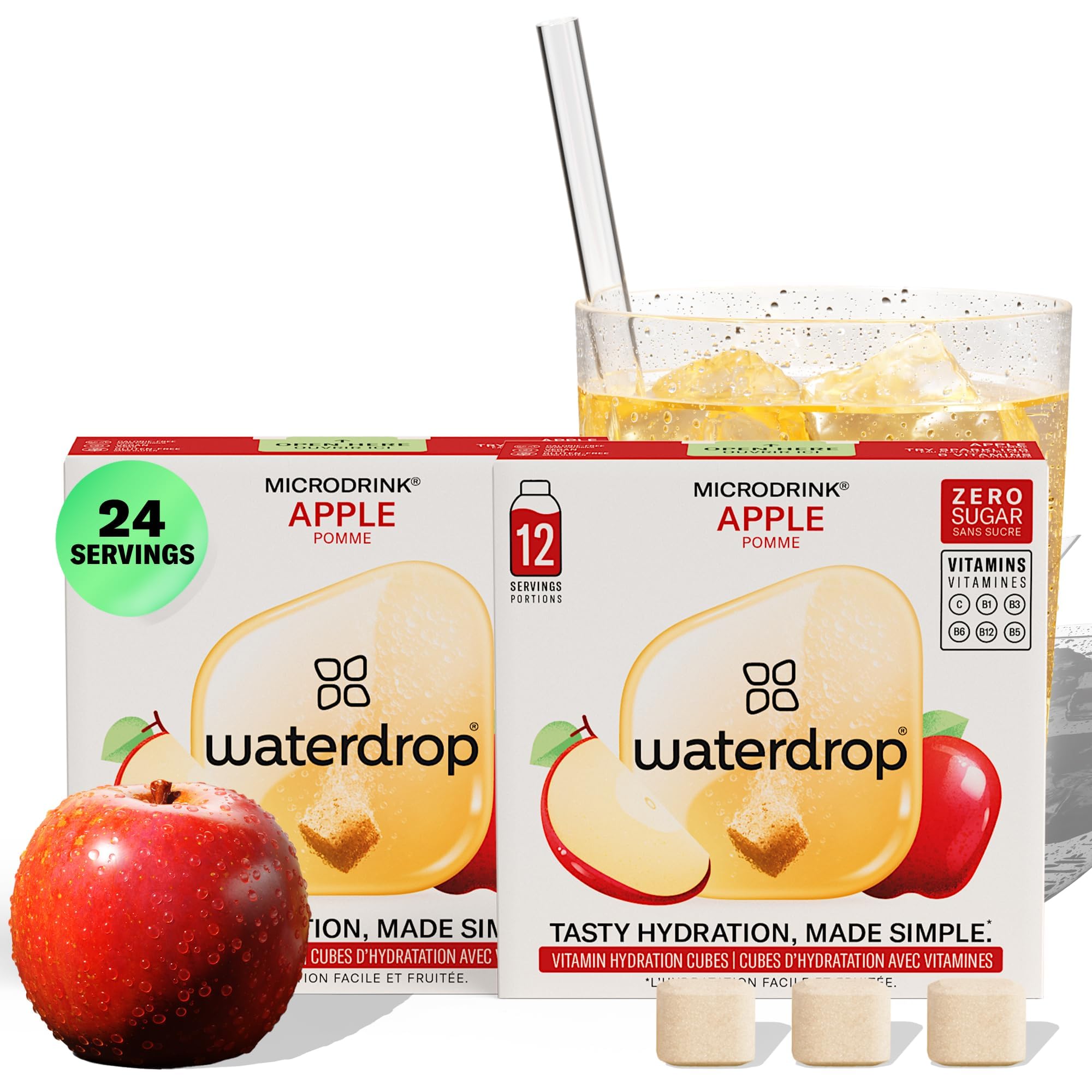 Waterdrop Hydration Cubes with Vitamin C, B3, B5 & Electrolytes, Apple Flavor, Flavored Water Enhancer Electrolyte Cubes for Still & Sparkling Water