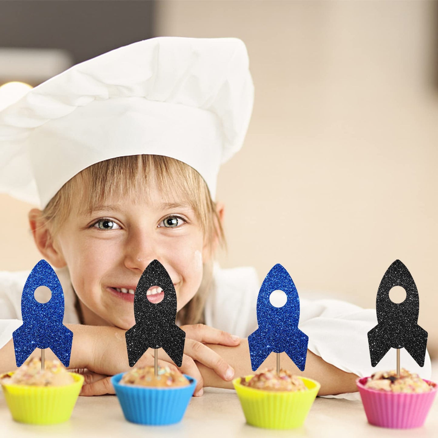 24PCS Rocket Ship Cupcake Toppers, Baby Shower Party Decor for Boys, Astronaut Dessert Picks, Outer Space Themed Birthday Party Decoration - Blue