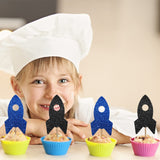 24PCS Rocket Ship Cupcake Toppers, Baby Shower Party Decor for Boys, Astronaut Dessert Picks, Outer Space Themed Birthday Party Decoration - Blue