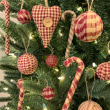 Set of 6 Primitive Red & Tea Dye Plaid Homespun Fabric Covered Candy Cane Ornaments for Christmas by Marilee Home