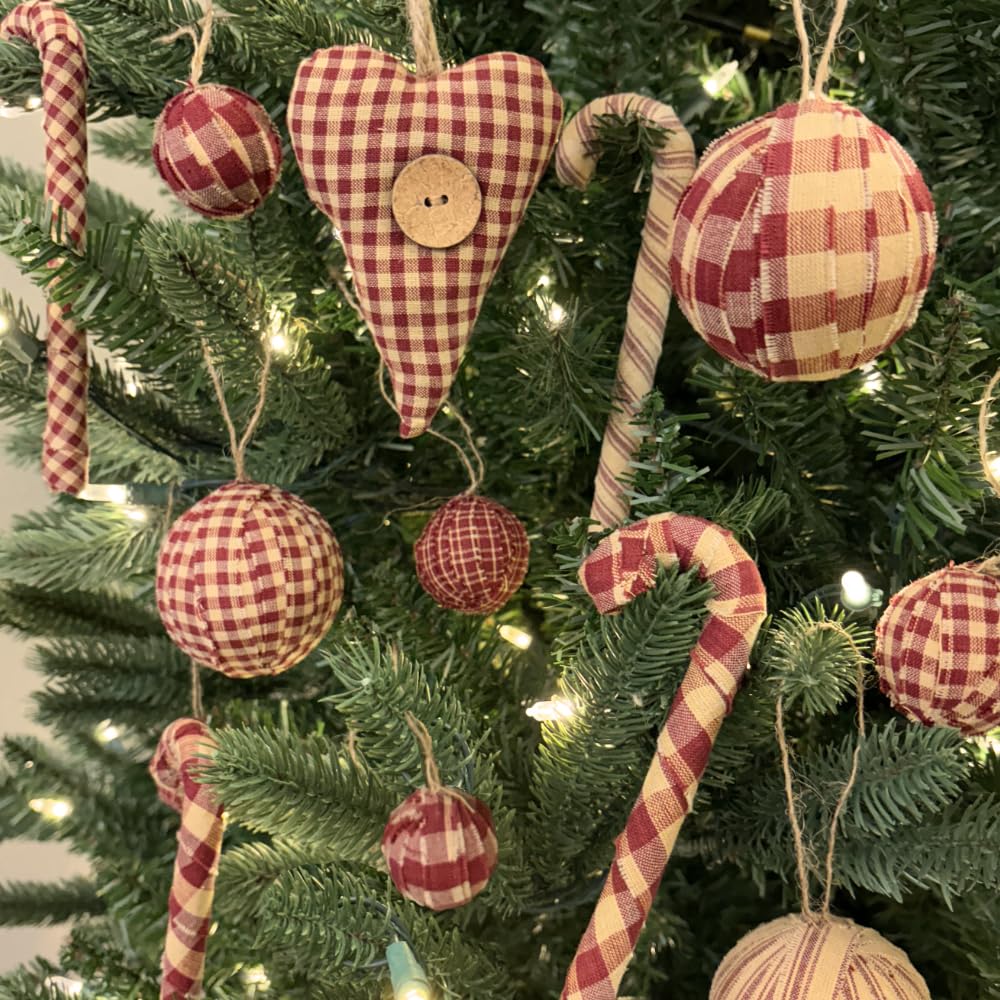 Set of 6 Primitive Red & Tea Dye Plaid Homespun Fabric Covered Candy Cane Ornaments for Christmas by Marilee Home