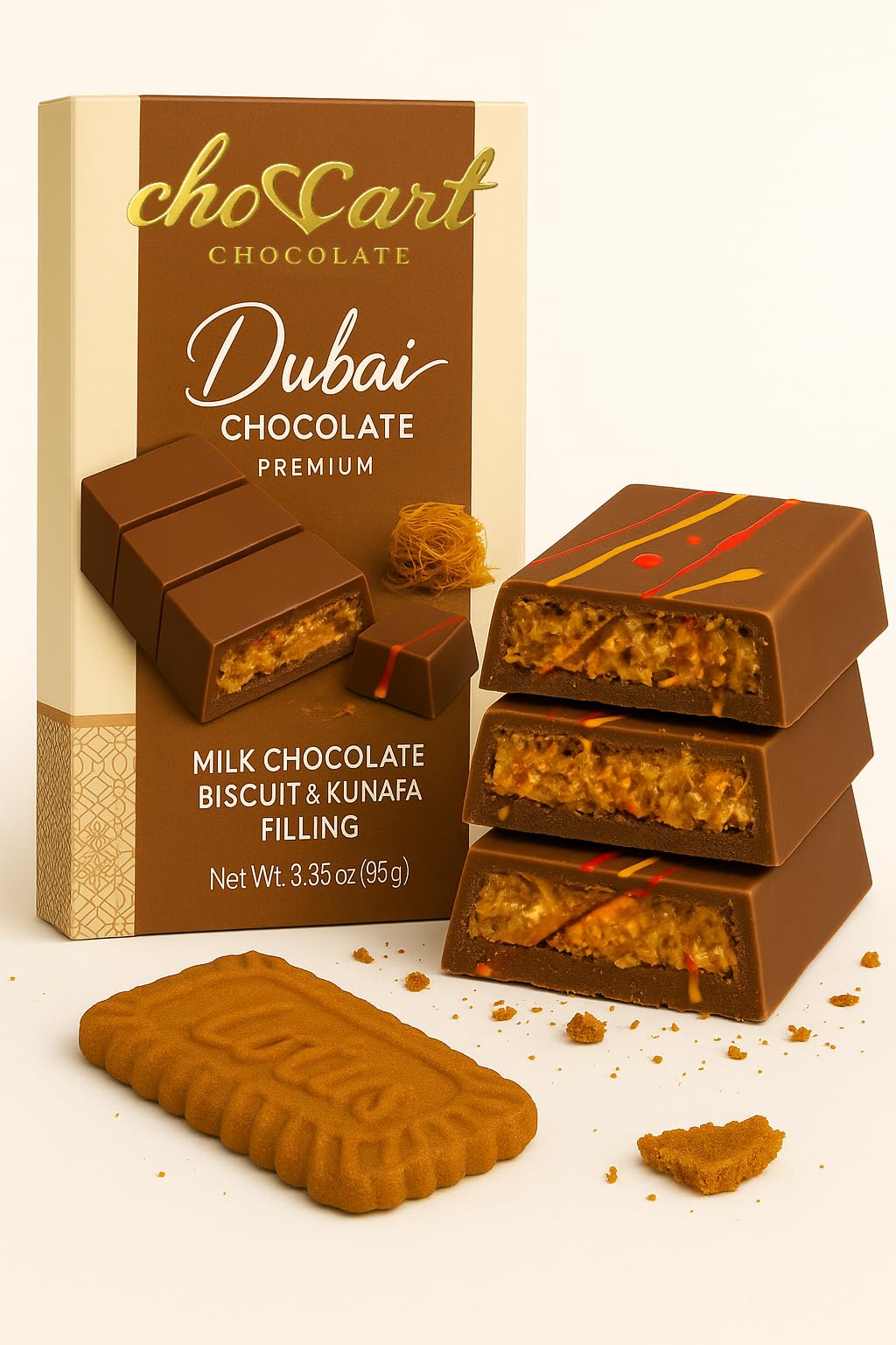 Dubai Chocolate Pistachio Bar 3.5oz | Crispy Kunafa & Creamy Pistachio Filling | Rich Gourmet Chocolate | Unique Sweet Gift Idea (3.5 Oz, Biscuit