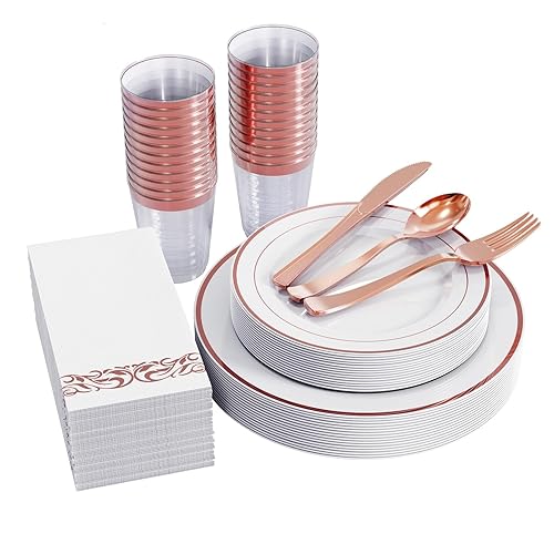 FOCUSLINE 175 Count Rose Gold Dinnerware Set for 25 Guests - Rose Gold Rimmed White Disposable Plastic Plates Heavy Duty, Includes 25 Dinner & Salad