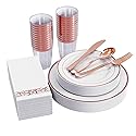 FOCUSLINE 175 Count Rose Gold Dinnerware Set for 25 Guests - Rose Gold Rimmed White Disposable Plastic Plates Heavy Duty, Includes 25 Dinner & Salad