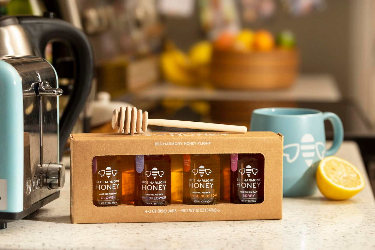 Bee Harmony Classic Honey Flight, Mini Honey Gift Set, 4 Jars, 3 OZ Each, Premium, Raw, Made in the USA