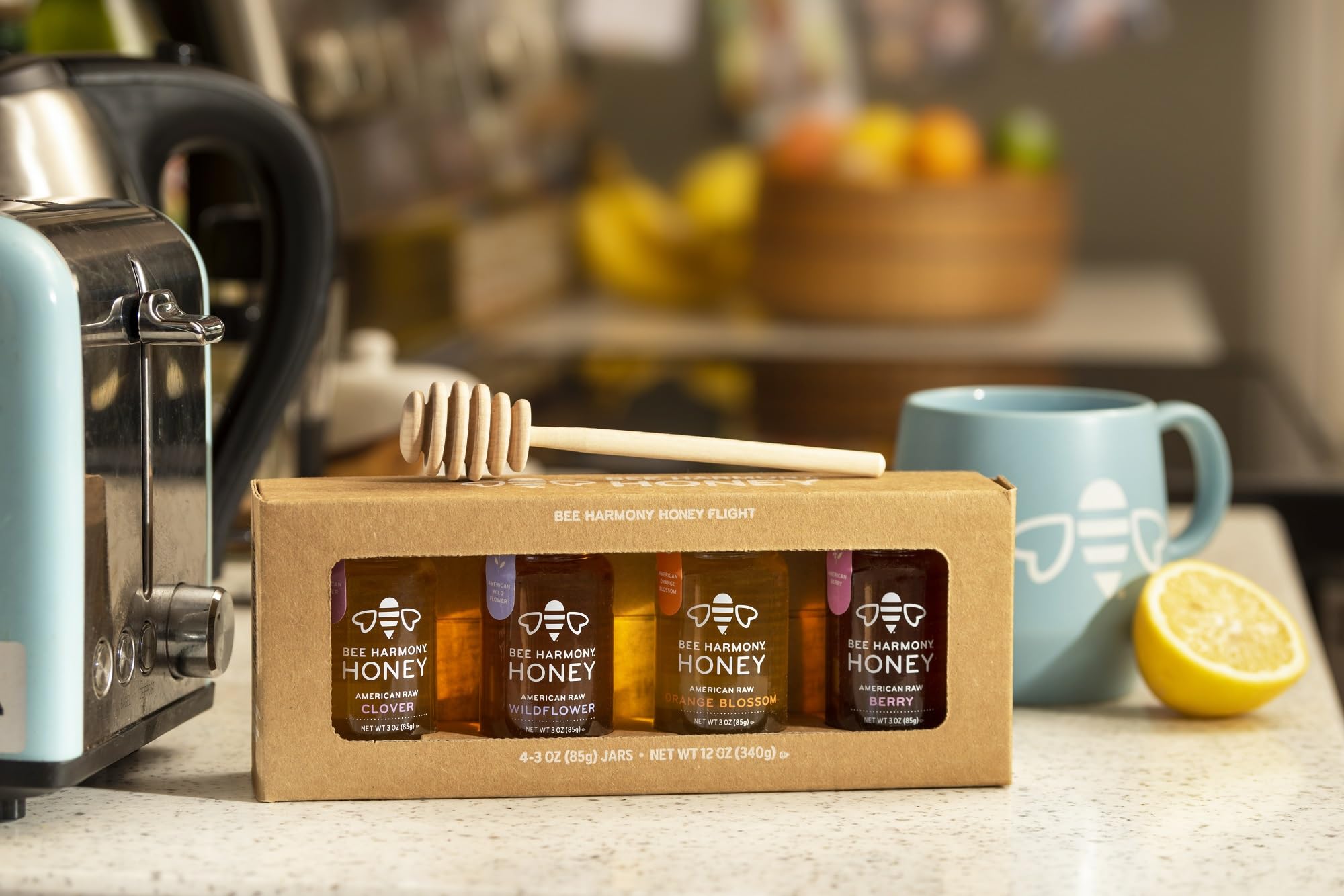 Bee Harmony Classic Honey Flight, Mini Honey Gift Set, 4 Jars, 3 OZ Each, Premium, Raw, Made in the USA