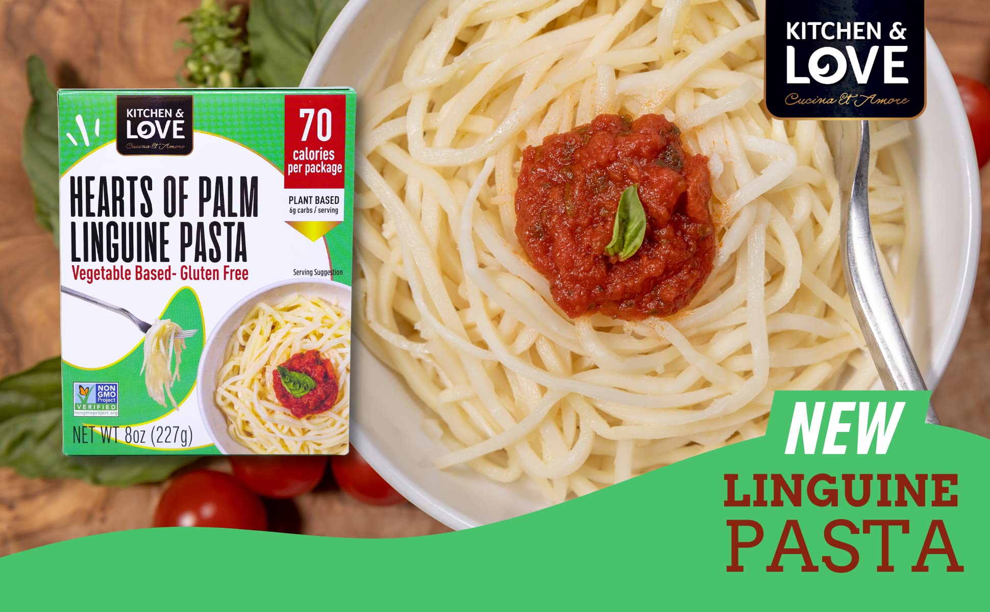 Kitchen & Love Hearts of Palm Linguine, Low Carb, Low Calories, Plant Based, Non GMO, Gluten Free Pasta Alternative, Vegan, Easy to Prepare, Quick