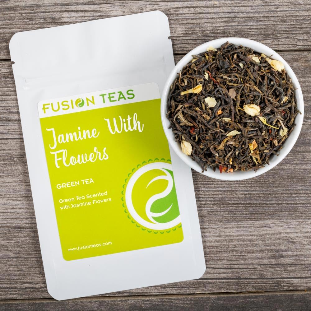 Jasmine with Flowers Green Tea - Gourmet Floral Scented Chinese Loose Leaf Tea - Zero Calories - 1 Pound (16 Oz.) Pouch