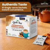 QuikTea Instant Ashwagandha Turmeric Ginger Chai Tea Latte, 10 Single-Serve Sachets, Artisanal Indian Chai Latte Mix, Just Add Hot Water, Low