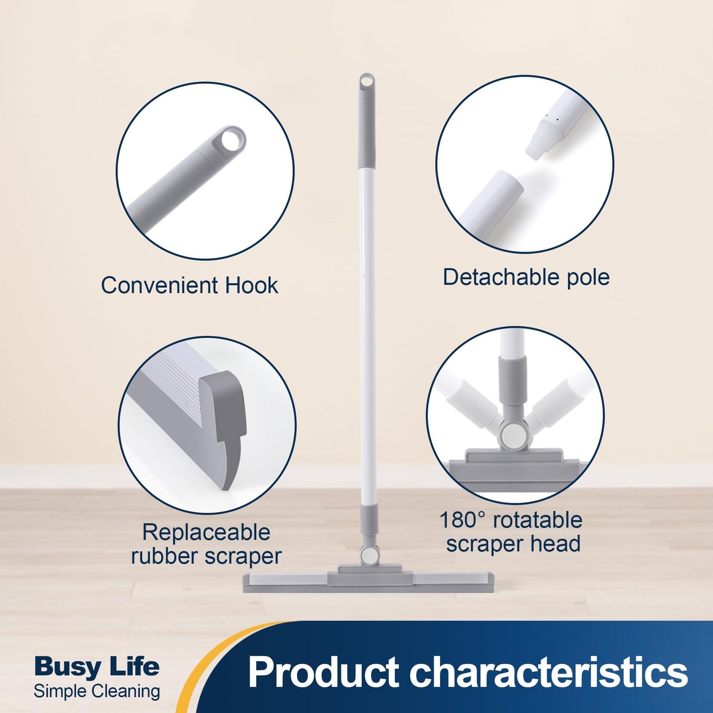 Yocada Rubber Floor Squeegee Broom TPR Blade Adjustable Scrubber Squeegee Household Broom for Shower Bathroom Kitchen Home Tile Pet Hair Fur Floor
