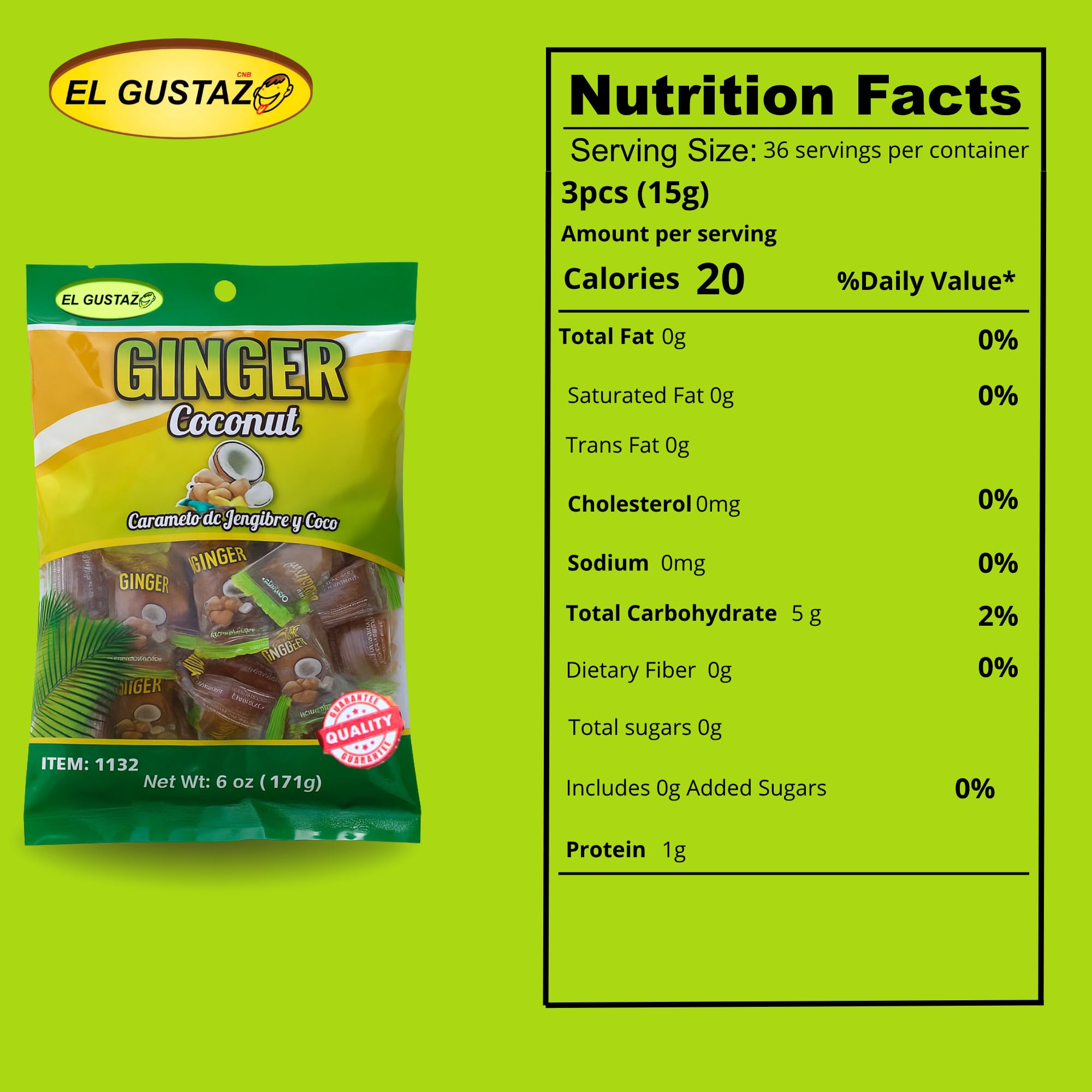 El Gustazo Ginger Coconut Candy - Caramelo de Jengibre y Coco, 6 oz (171 g) Bag - Individually Wrapped Hard Candy