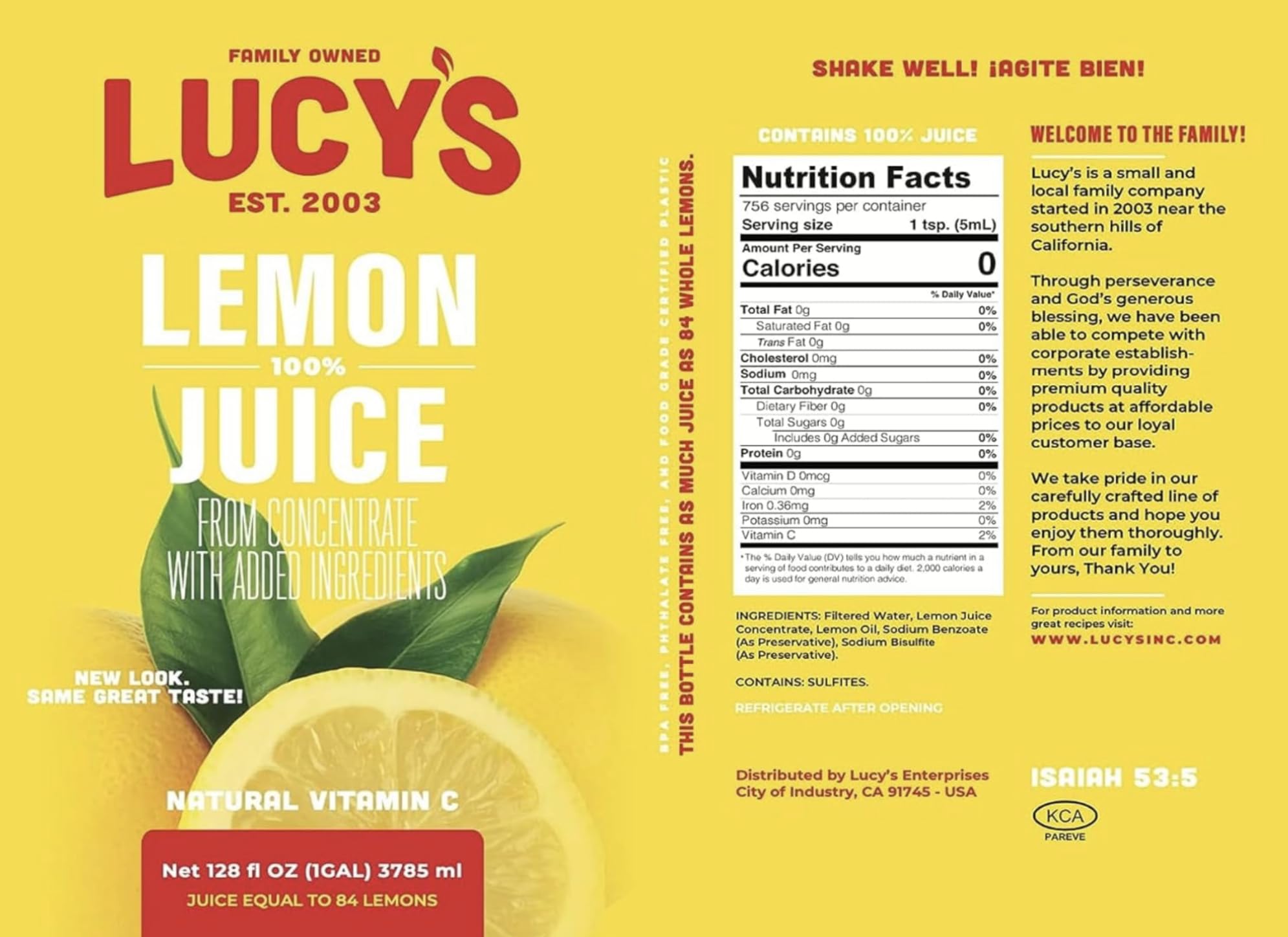 Lucy’s Family Owned - 100% Lemon Juice Gallon (128fl oz.)
