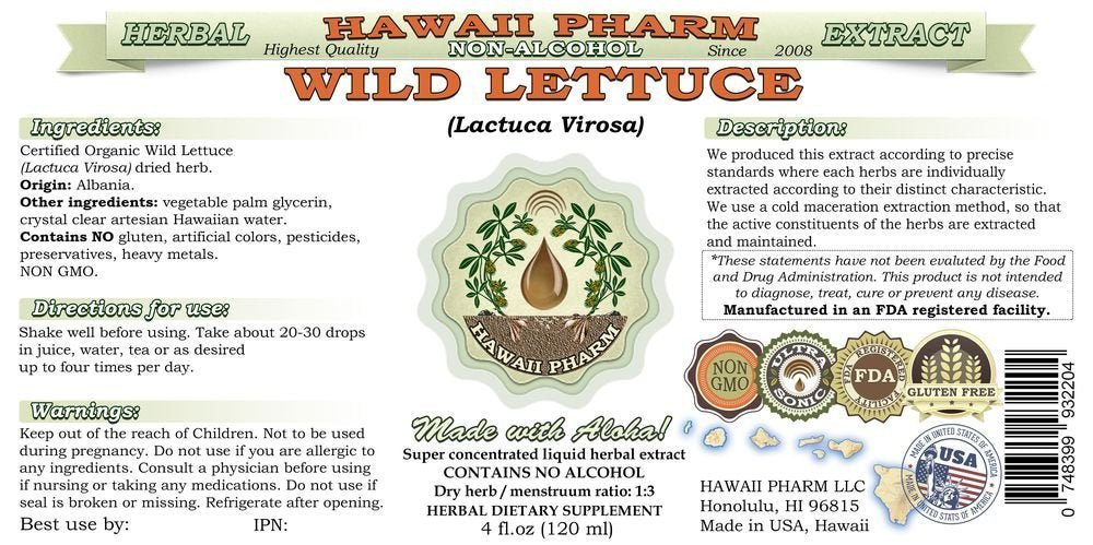 Hawaii Pharm Wild Lettuce Alcohol-Free Liquid Extract, Professional Grade, Small Batch Wild Lettuce (Lactuca Virosa) Dried Herb Glycerite 2 fl.oz