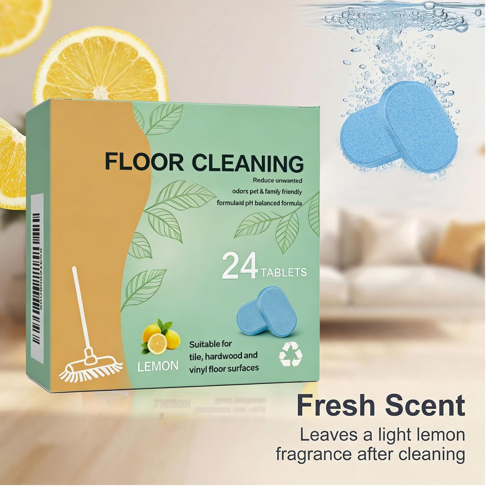 NCCEN Floor Cleaning Tablets, 24 Count, Hard Floor Cleaner Tablets, Lemon Scent, Multi-Surface Effervescent Cleaner for Hardwood, Tile, Vinyl