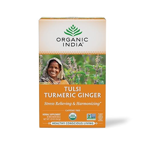 ORGANIC INDIA Tulsi Turmeric Ginger Tea Bags - Herbal Tea, Stress Relieving & Harmonizing, Immune Support, Healthy Inflammatory Response, Aids