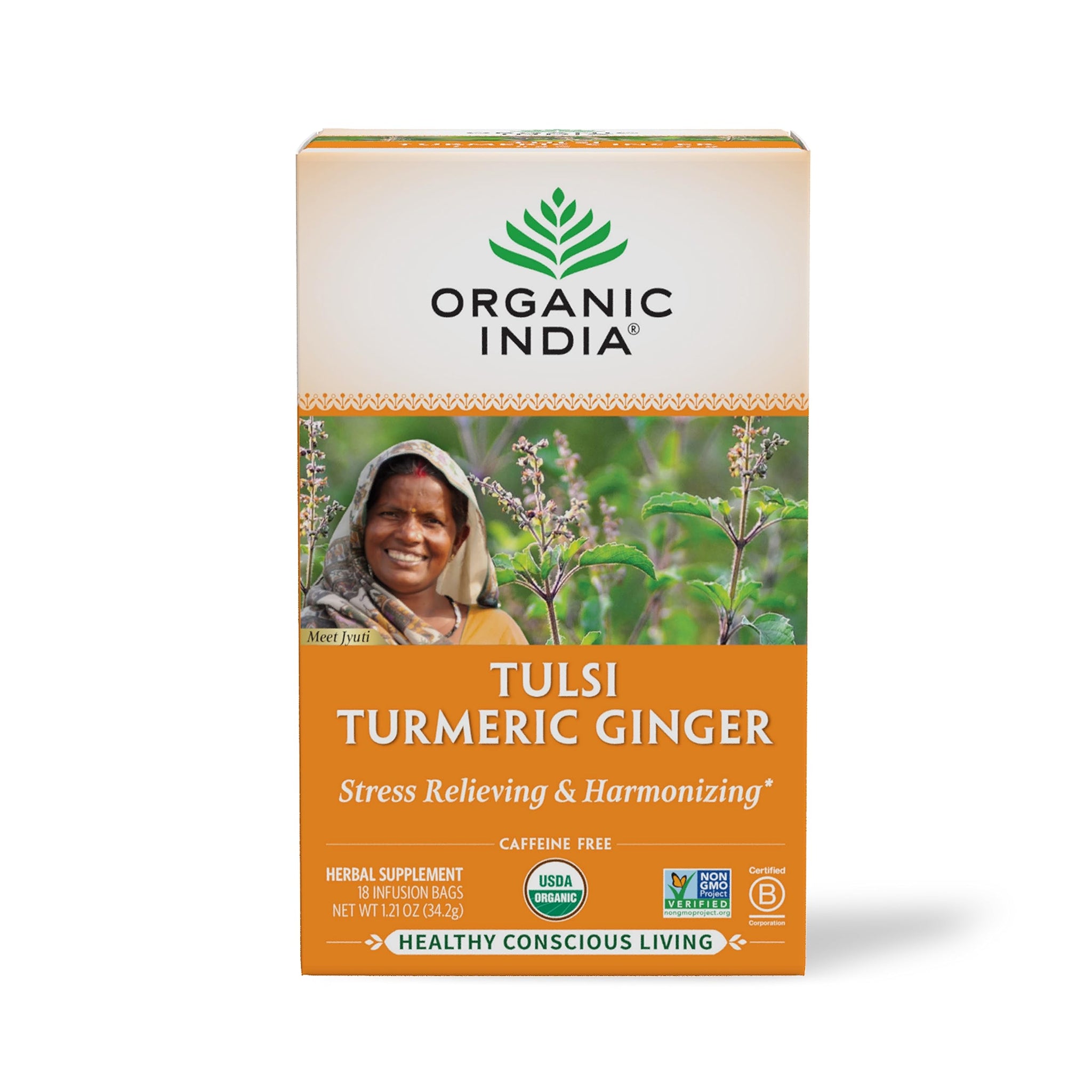 ORGANIC INDIA Tulsi Turmeric Ginger Tea Bags - Herbal Tea, Stress Relieving & Harmonizing, Immune Support, Healthy Inflammatory Response, Aids