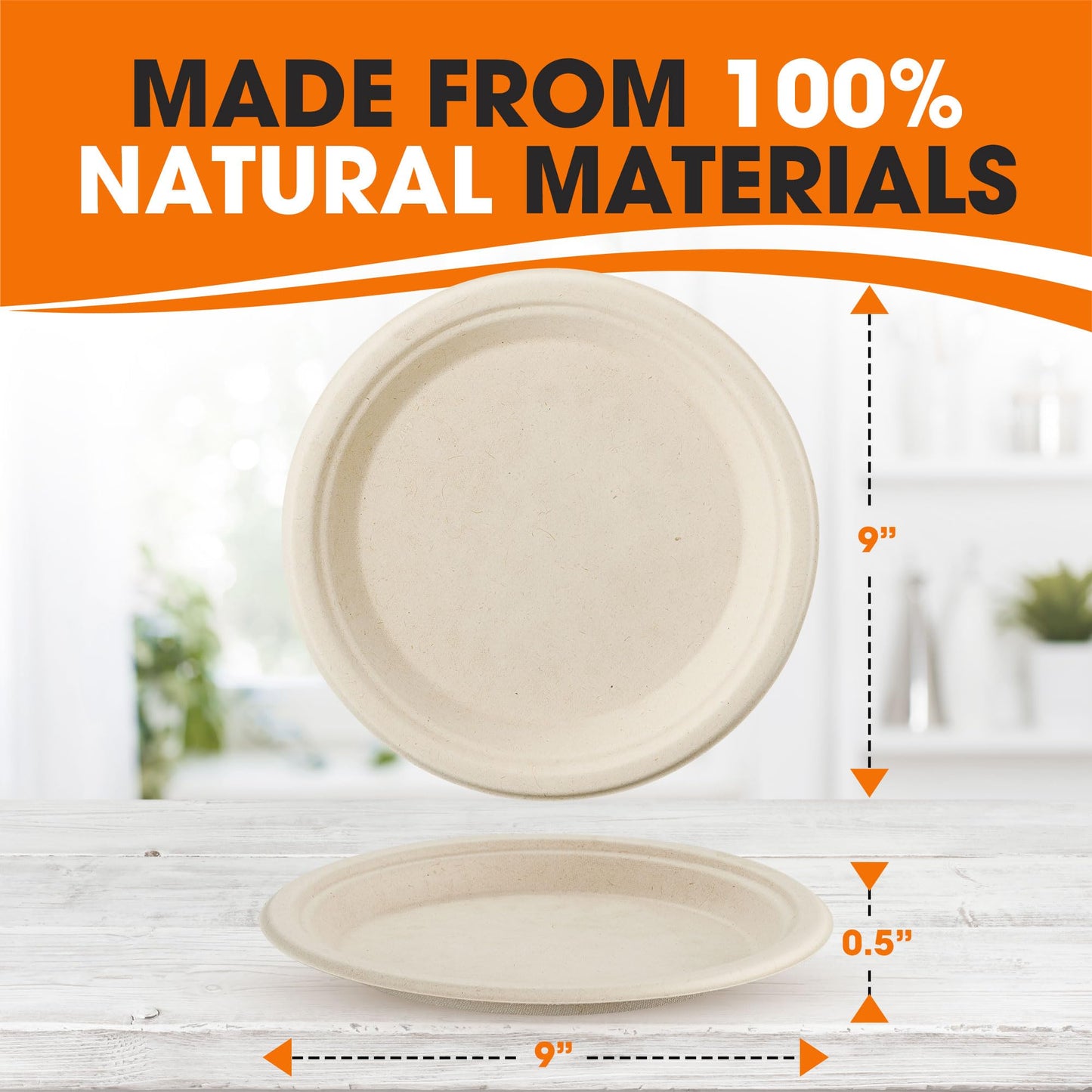 Cheer Collection 9 inch Compostable Plates - 100% Biodegradable Plates | 100% Eco Friendly & Disposable 9 inch Paper Plates for Hot or Cold Food