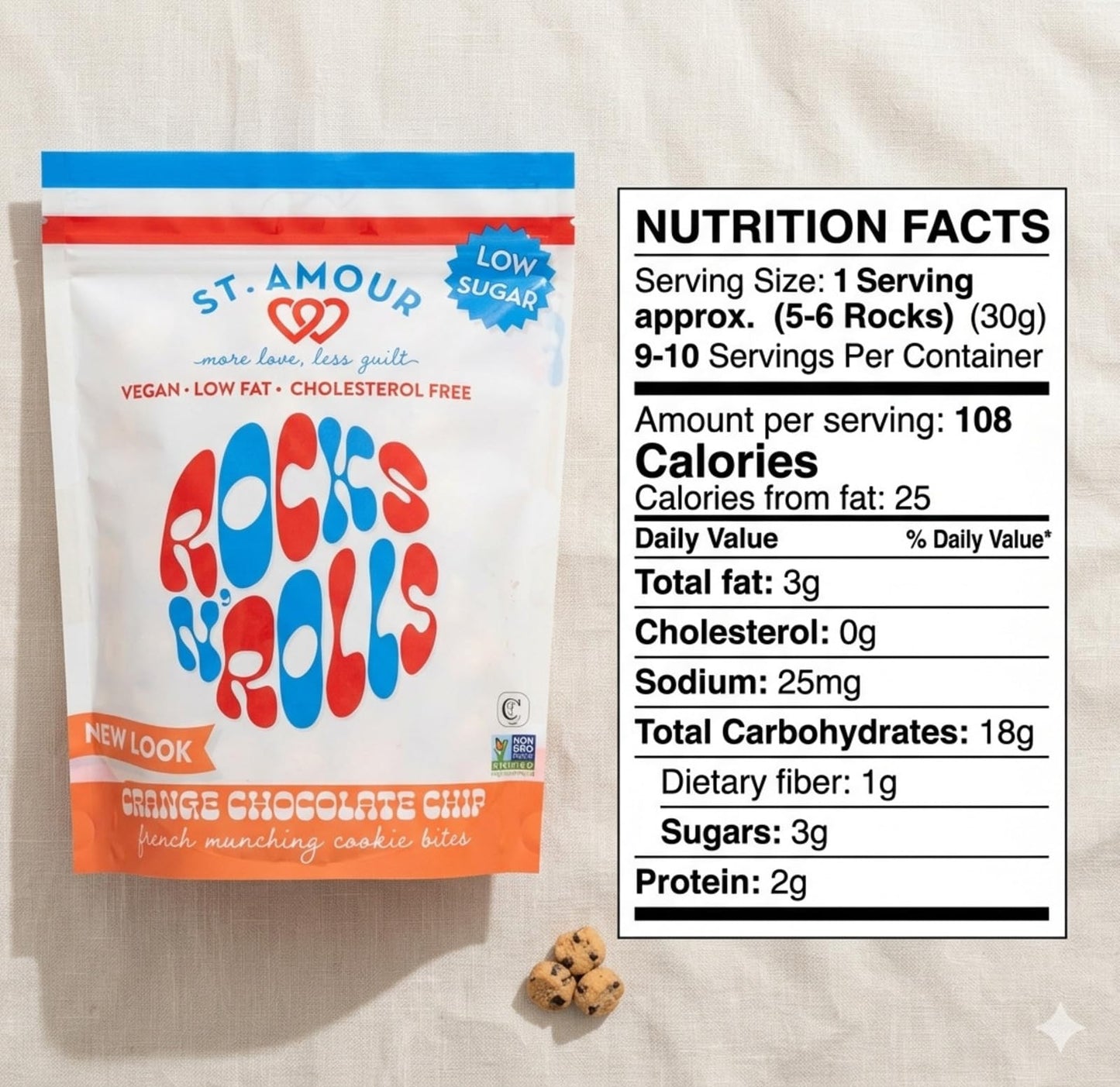 ST. AMOUR Rocks N' Rolls - Orange & Chocolate Chip French Vegan Munching Bites - Low Fat, Low Sugar - Dairy Free - Cholesterol Free - 10 oz Bag