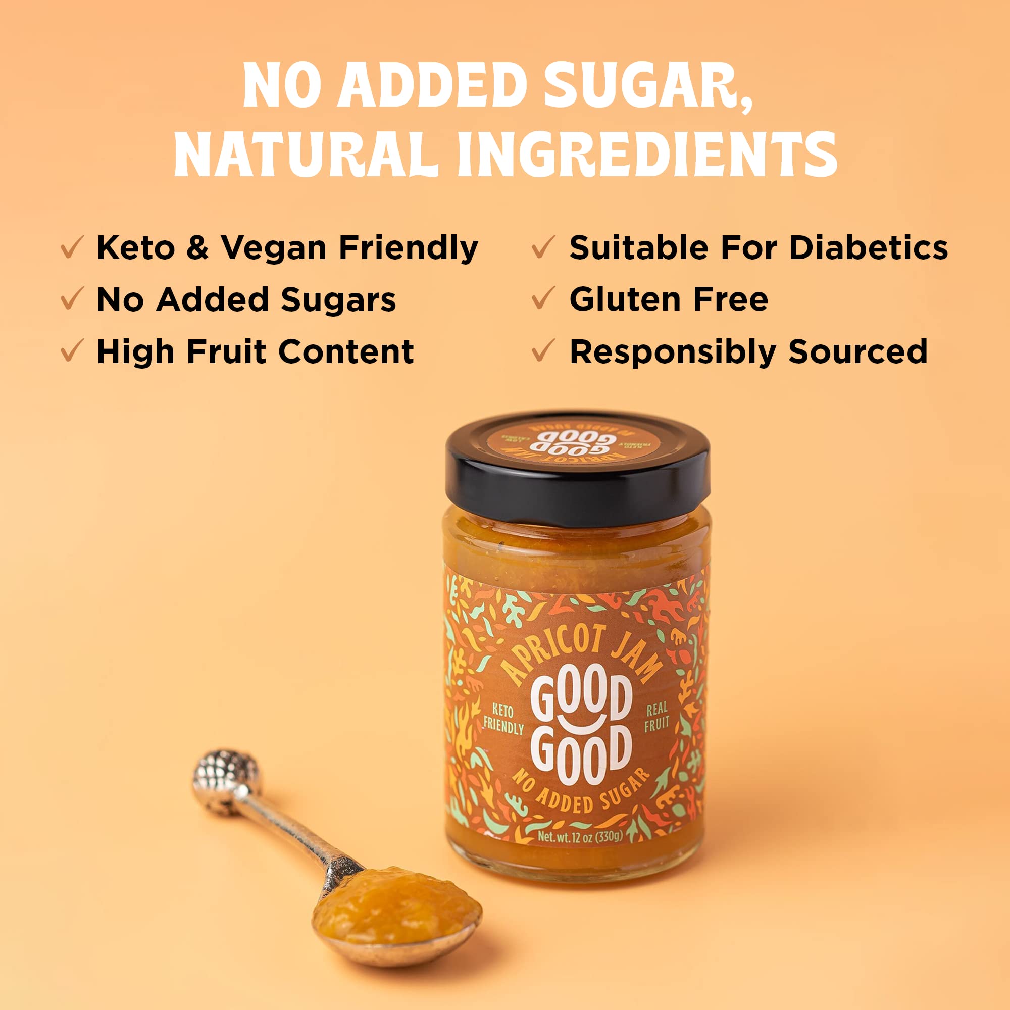 GOOD GOOD Apricot Jam - No Added Sugar - Low Calorie - Gluten Free and Vegan - Diabetic and Keto Friendly - 12oz / 330g (Pack of 1)