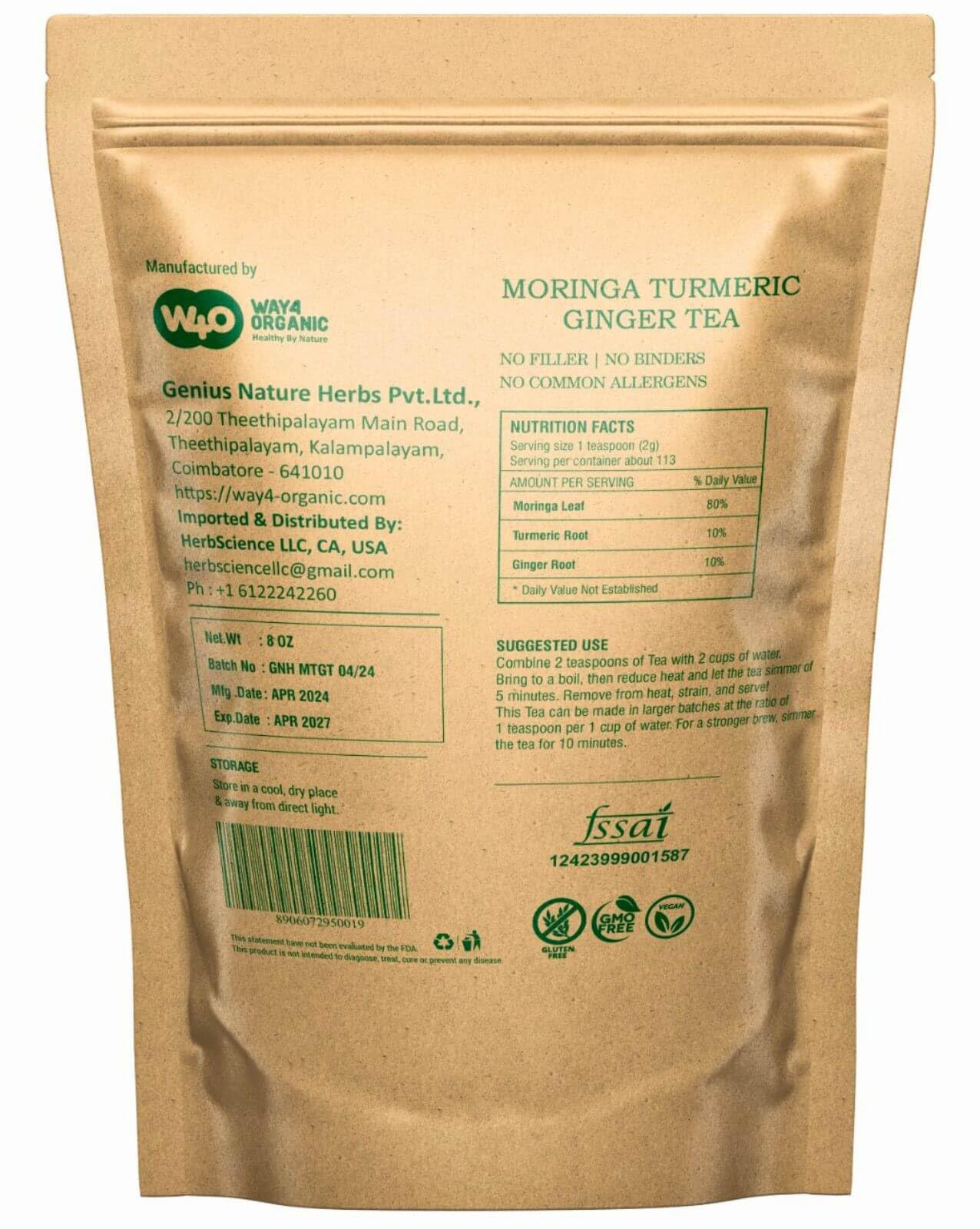 Moringa Tea with Turmeric and Ginger 8 oz, Boost Immunity, Aid in Digestion, Caffeine Free, One Tea with Multiple Benefits (Pack of 1)
