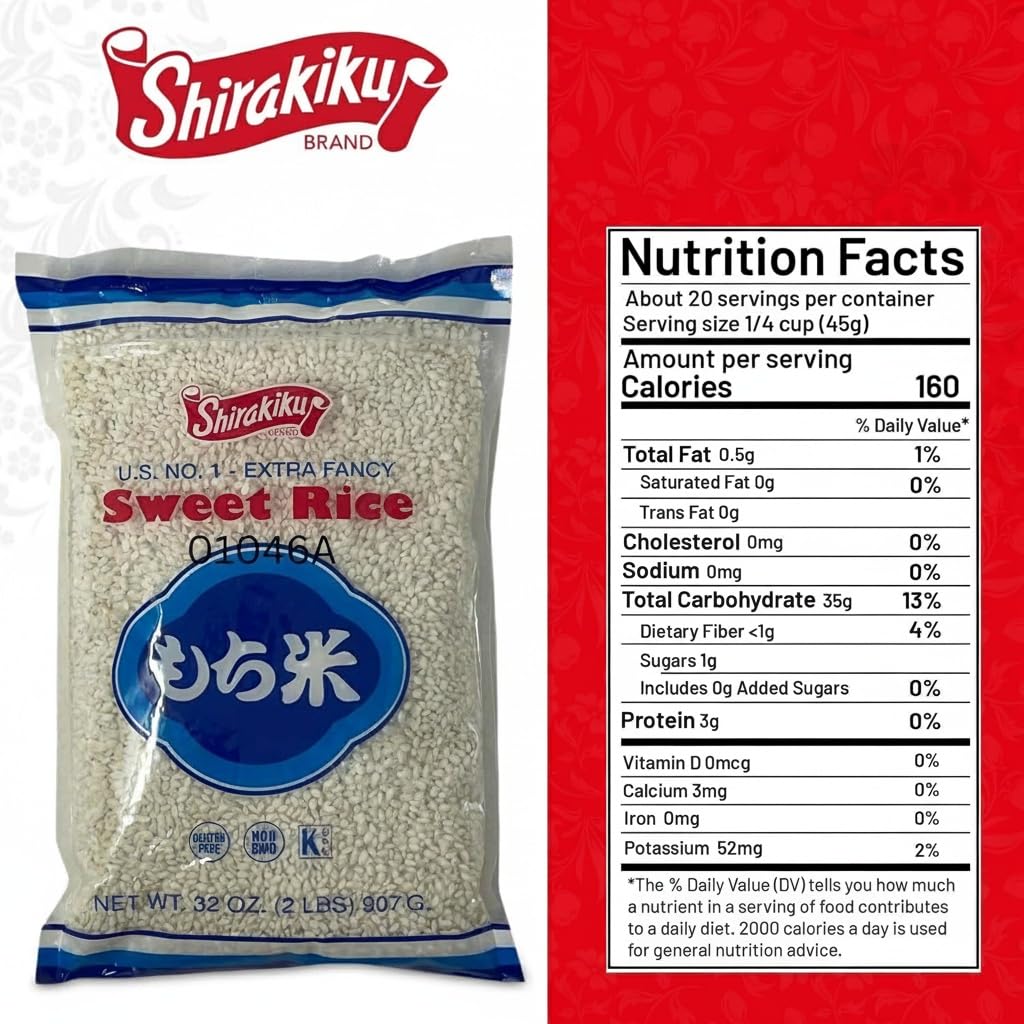Shirakiku, Mochigome Sweet Rice | Short Grain Japanese Style Gluten-Free, Non-GMO Rice with Low Calories and Dietary Fiber | Perfect for Authentic Asian Cuisine | 2 Pound (Pack of 1)