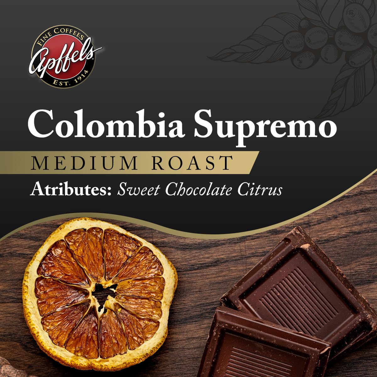 Apffels Colombian Supremo - Whole Bean, Medium Roast, 100% Arabica Coffee, (2lb Bag)