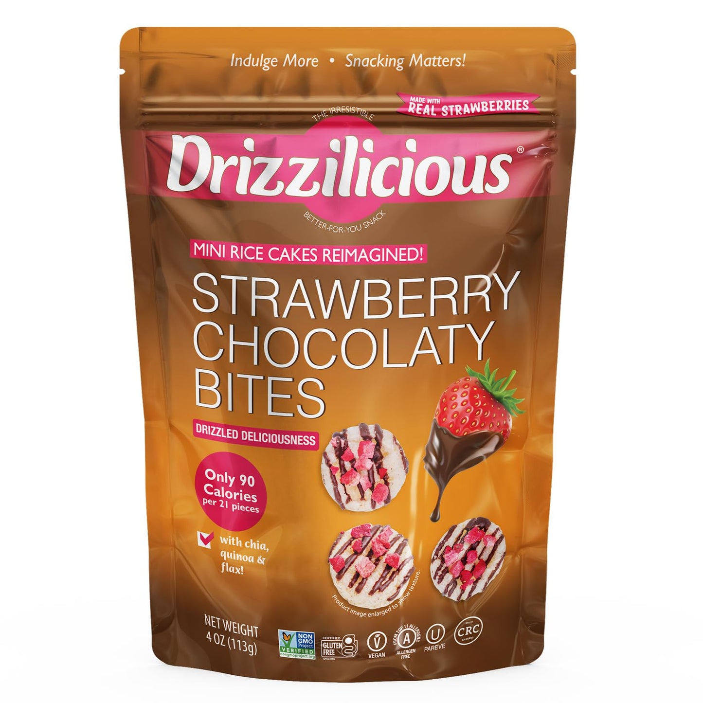 Drizzilicious Strawberry Chocolaty Bites, Mini Rice Cakes, 113g, Vegan, Gluten-Free