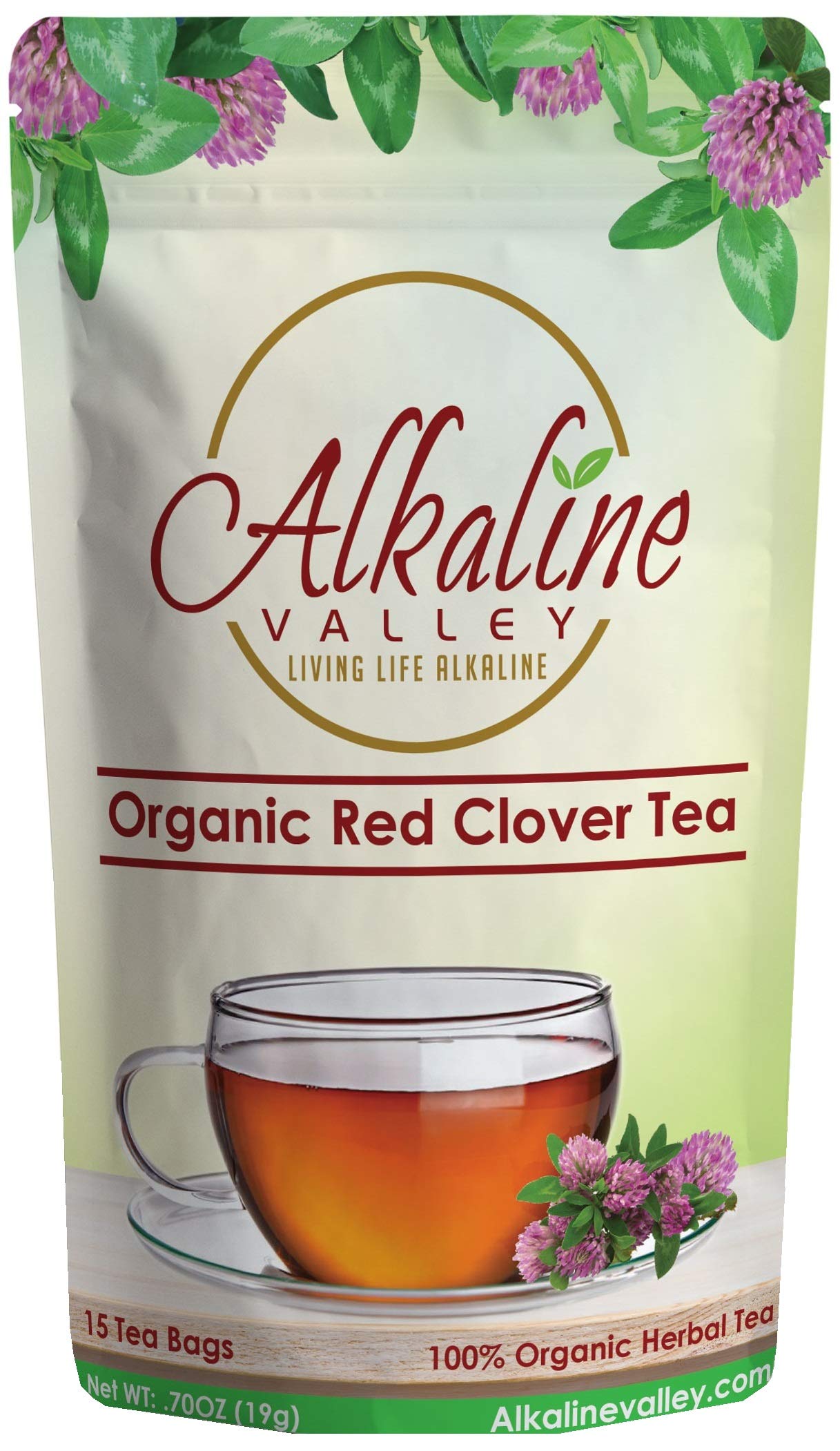 Organic Red Clover Tea - 100% Alkaline - 15 Unbleached/Chemical-Free Red Clover Tea Bags - Caffeine-Free, No GMO