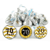 180 Count 70th Birthday Party Favor Labels, Chocolate Drops Stickers for Anniversary, Black and Gold Decorations