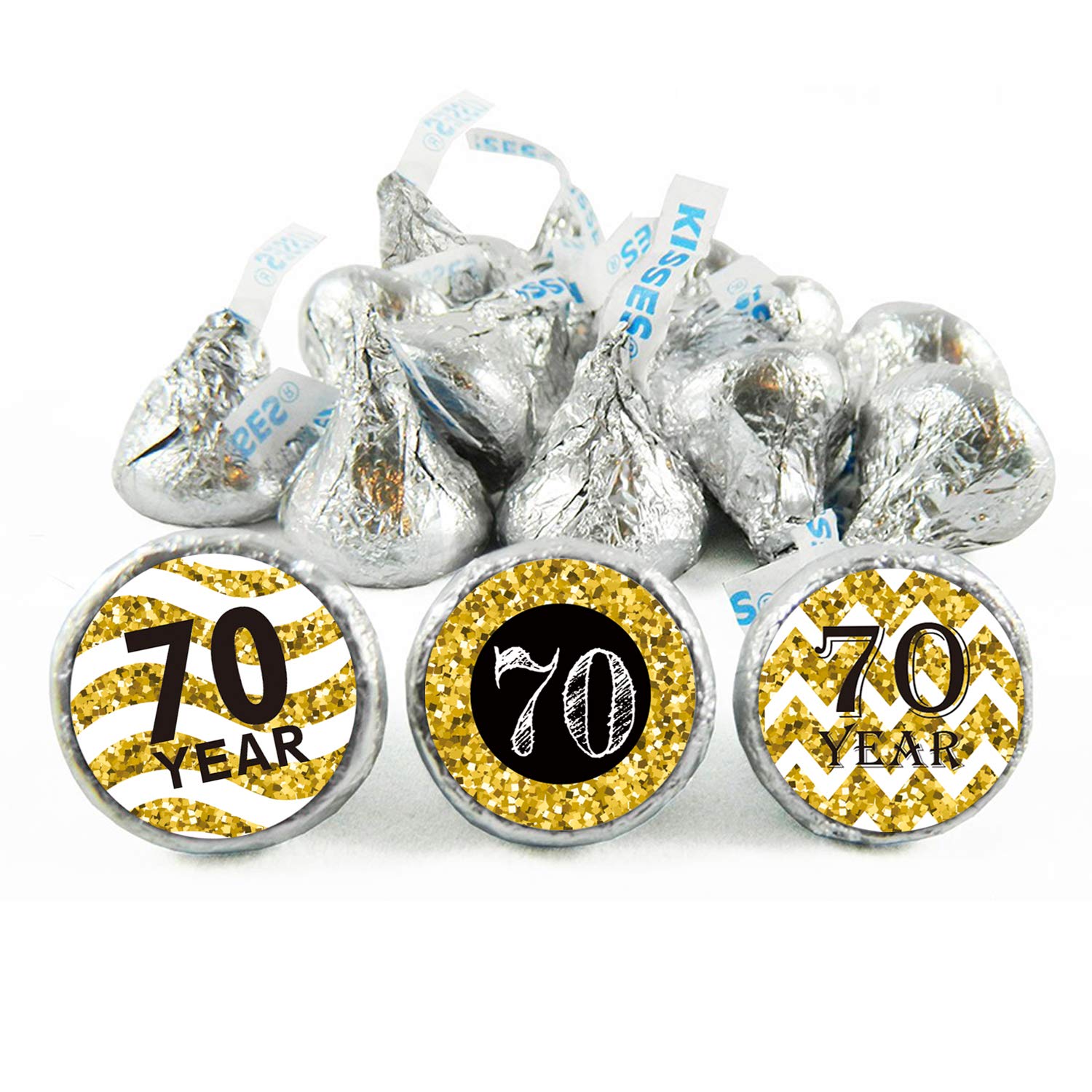180 Count 70th Birthday Party Favor Labels, Chocolate Drops Stickers for Anniversary, Black and Gold Decorations