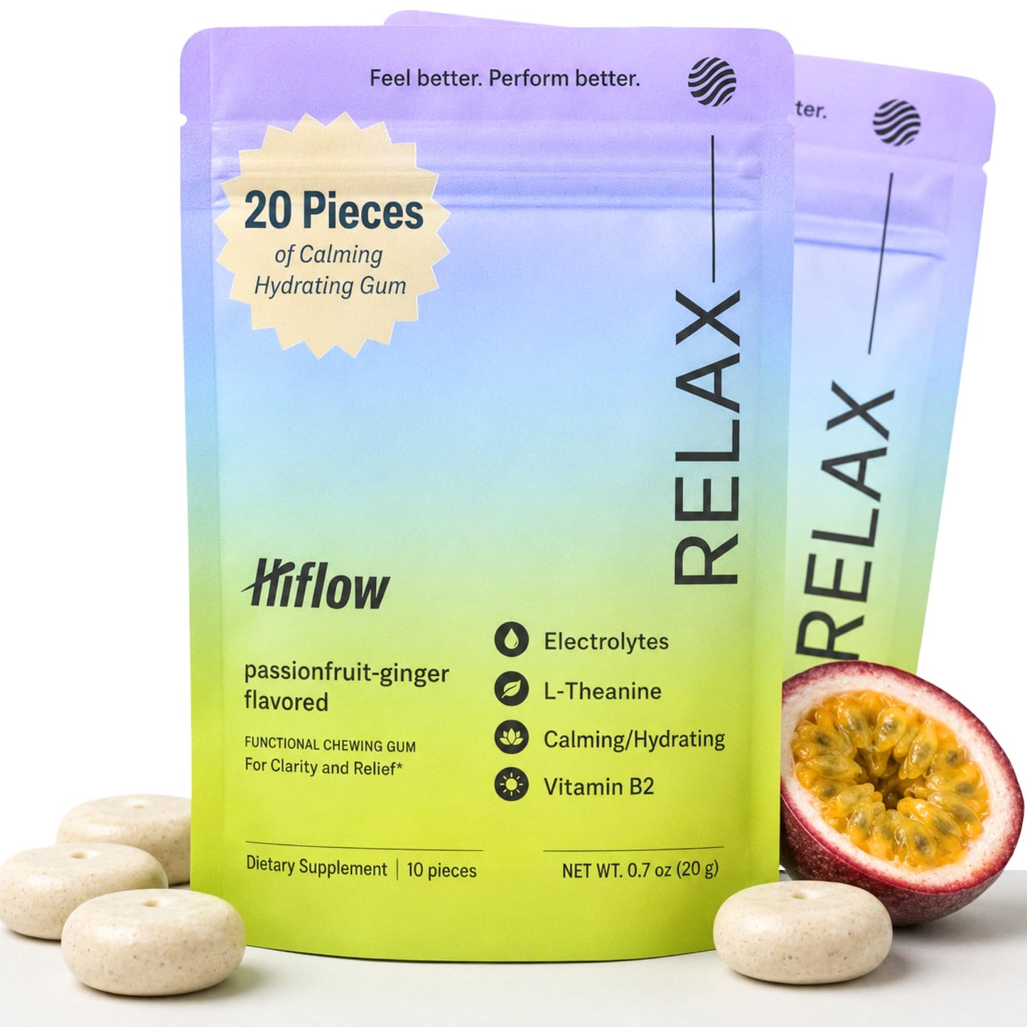 HIFLOW Electrolytes + L-Theanine Gum | Hydrating, Calming, Stress Relief, Relaxing Gum | Vitamin B12, Glycine, Magnesium, Calcium 2 Pack