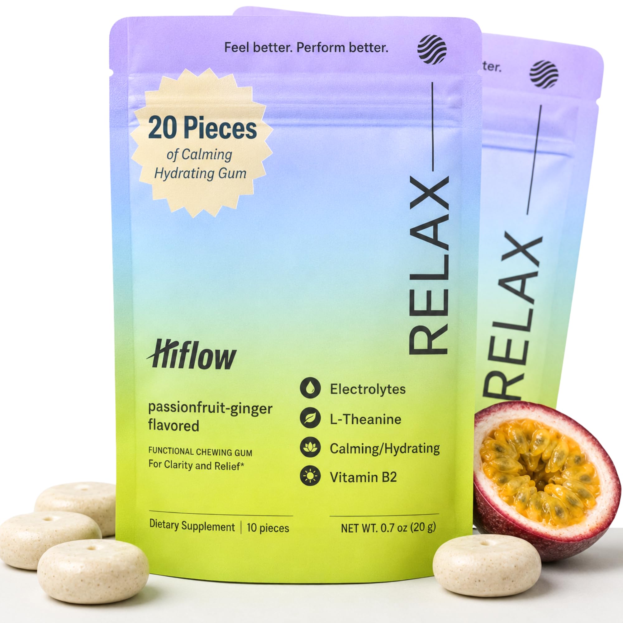 HIFLOW Electrolytes + L-Theanine Gum | Hydrating, Calming, Stress Relief, Relaxing Gum | Vitamin B12, Glycine, Magnesium, Calcium 2 Pack