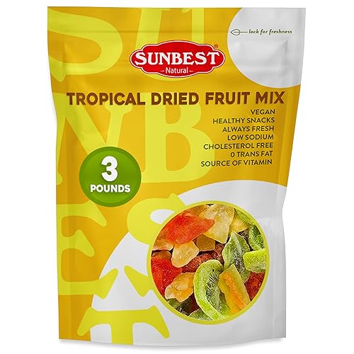 Sunbest Natural Tropical Dried Fruit Mix - 3 lb Bulk Bag (48 oz) - Mango, Pineapple, Papaya, Banana & Kiwi - Non-GMO, Vegan, Gluten-Free - Healthy