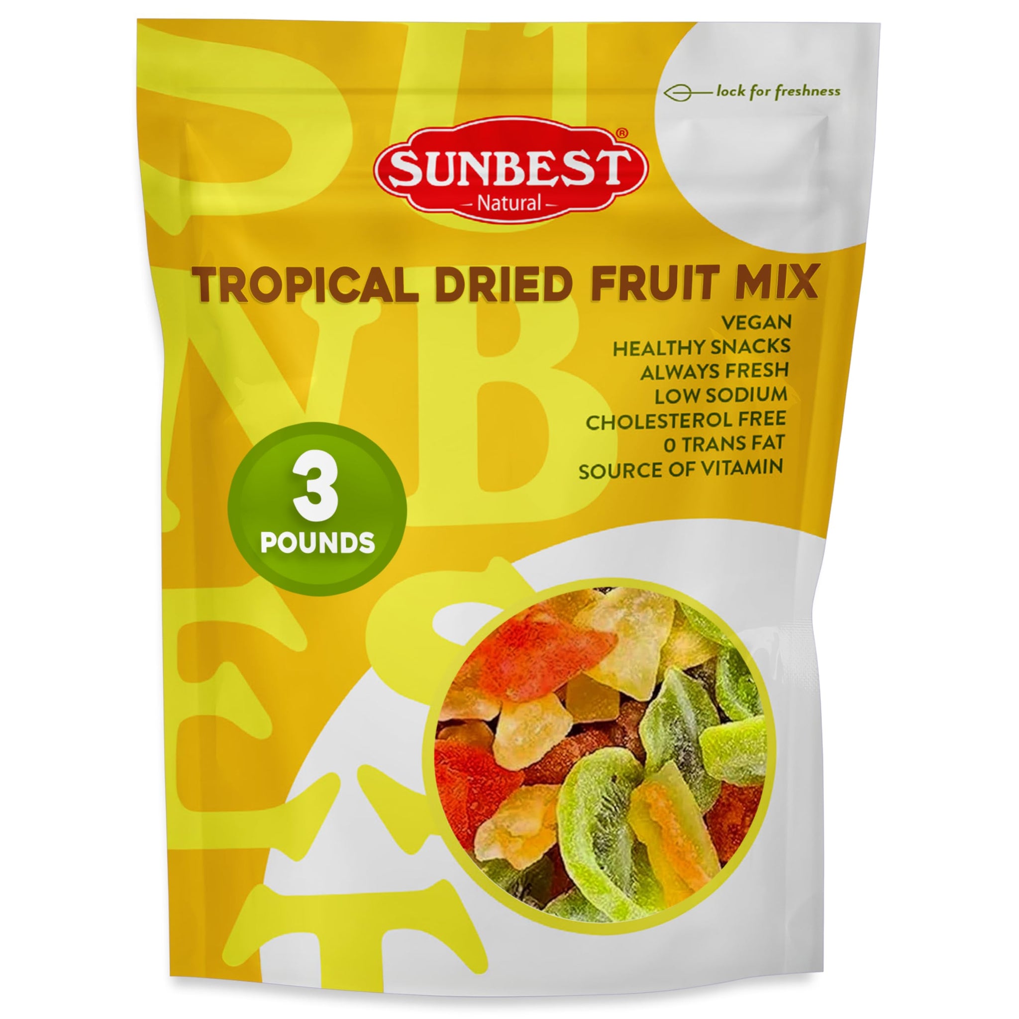 Sunbest Natural Tropical Dried Fruit Mix - 3 lb Bulk Bag (48 oz) - Mango, Pineapple, Papaya, Banana & Kiwi - Non-GMO, Vegan, Gluten-Free - Healthy