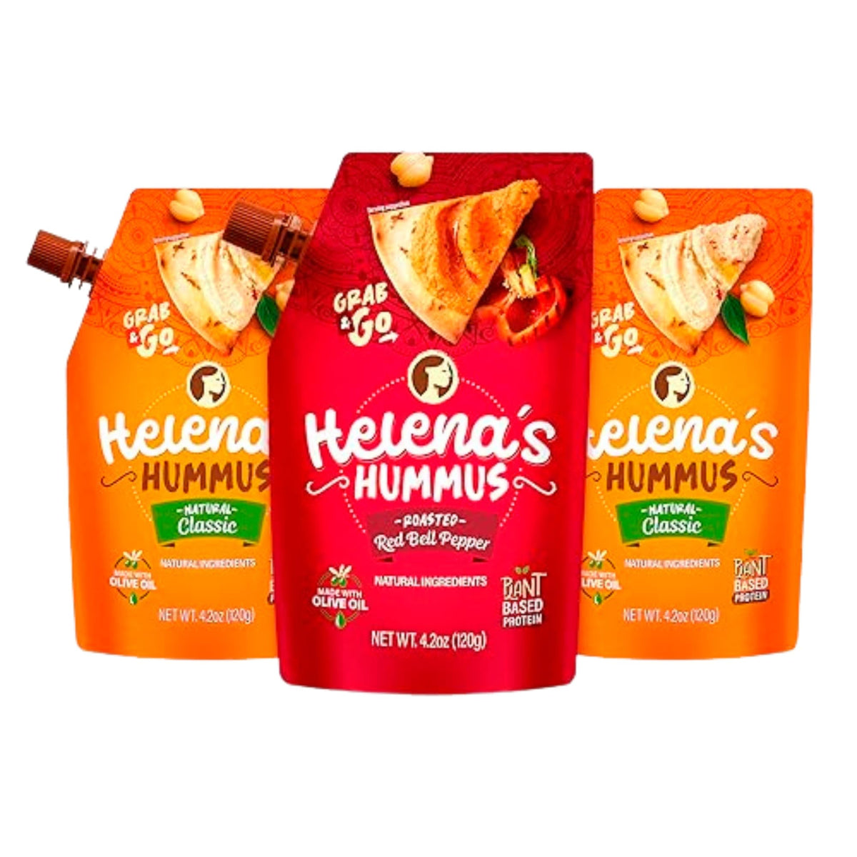Helena Hummus (3-pack), Shelf-Stable, No Added Preservatives, 2 Natural Classic 4.23 oz and 1 Roasted Bell Pepper Hummus To-Go, 4.23 oz (1 Tripack)