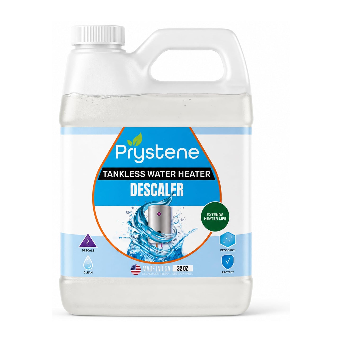 Prystene Tankless Water Heater Descaler - Liquid Descaling & Flushing Solution 32 oz - Removes Limescale, Restores Heating Efficiency & Water Pressure