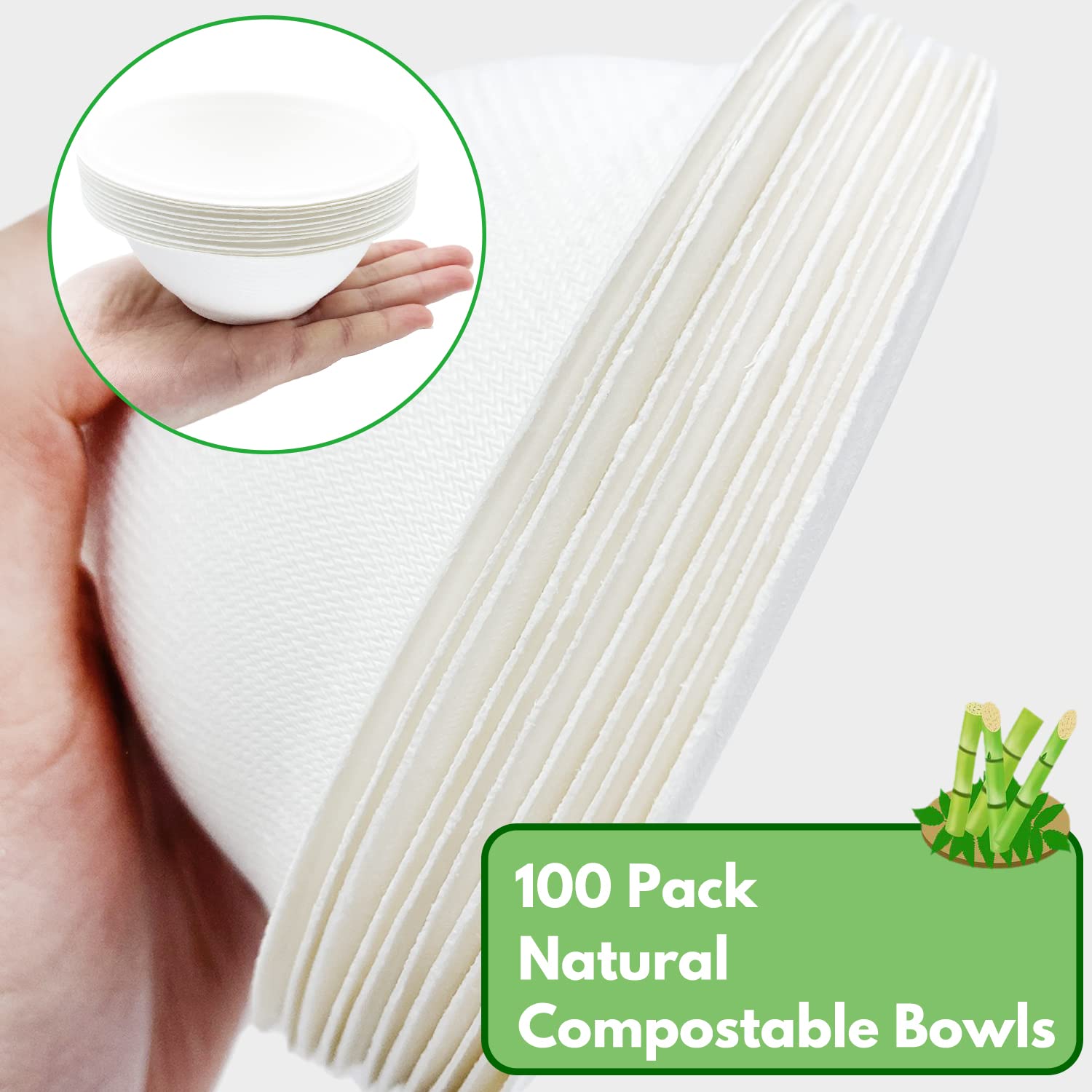 Haawooky 100 Pack White Disposable Paper Bowls, 8oz Natural Compostable, Eco-friendly Paper Biodegradable Bowls for Party, Salad, Dessert