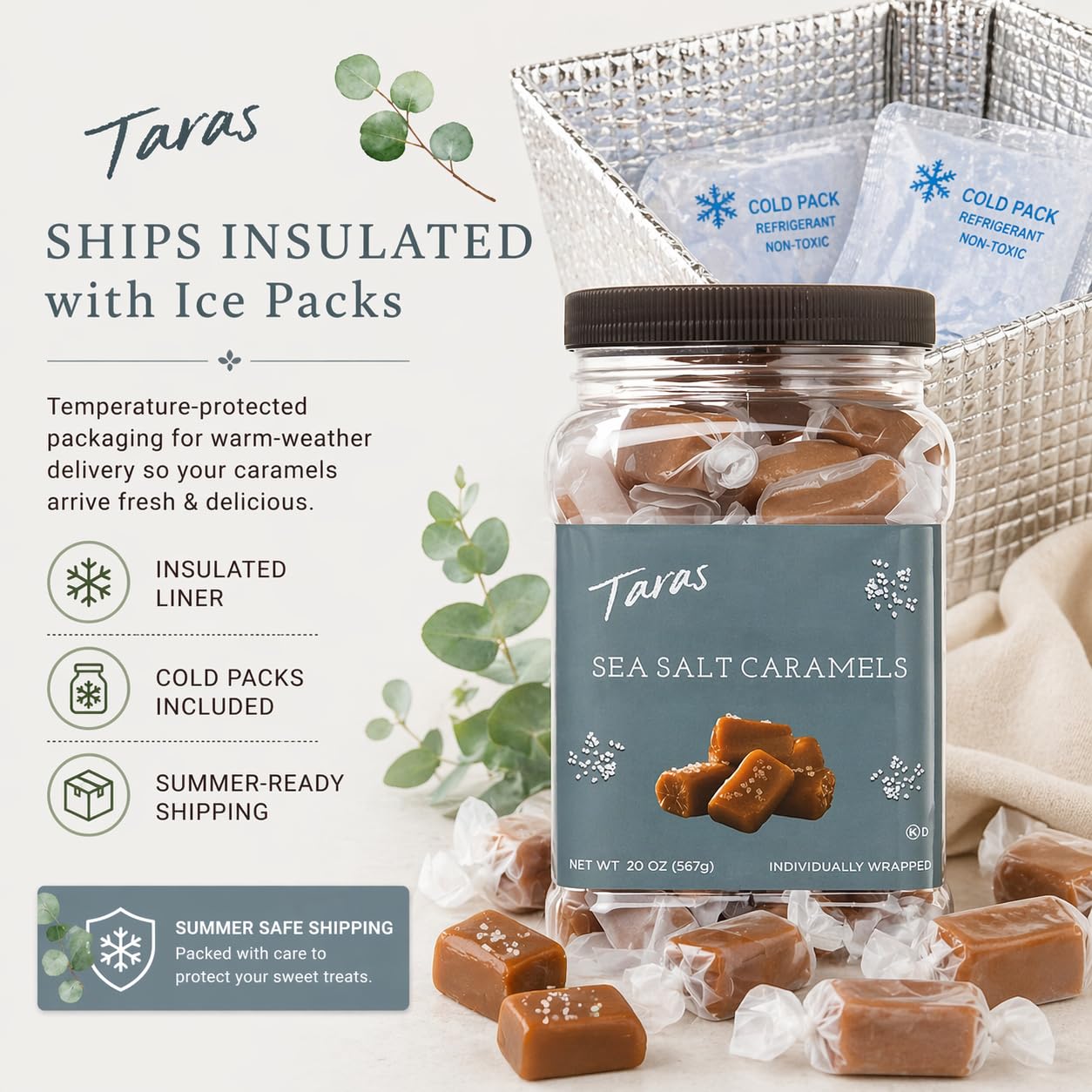 Taras Gourmet Sea Salt Caramels | All Natural Candy | Creamy & Individually Wrapped with Real Butter (20 oz, 2 Pack)