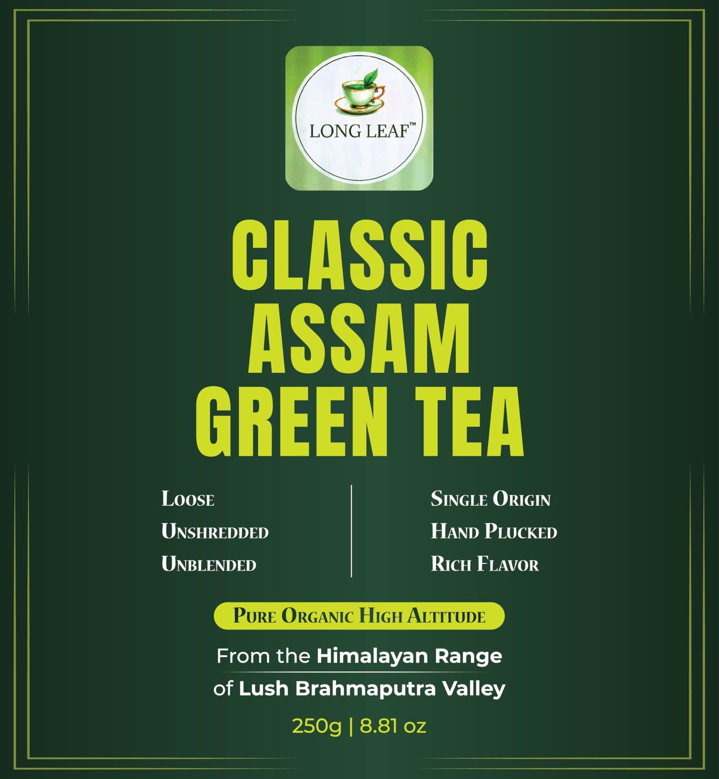 CLASSIC ASSAM GREEN TEA, Green Tea, Loose Leaf (250g/8.81oz)/100 Cups | Non-GMO, 100% Pure Organic Green Tea Leaves Sourced from Lush Brahmaputra