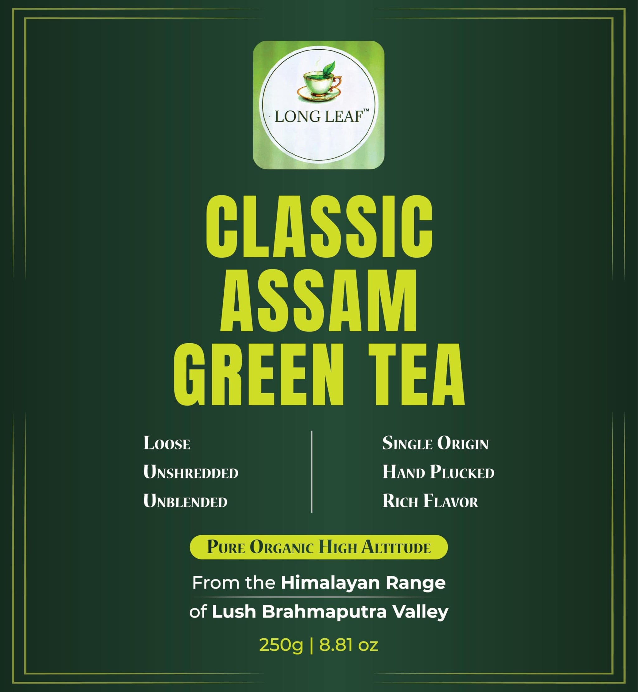 CLASSIC ASSAM GREEN TEA, Green Tea, Loose Leaf (250g/8.81oz)/100 Cups | Non-GMO, 100% Pure Organic Green Tea Leaves Sourced from Lush Brahmaputra
