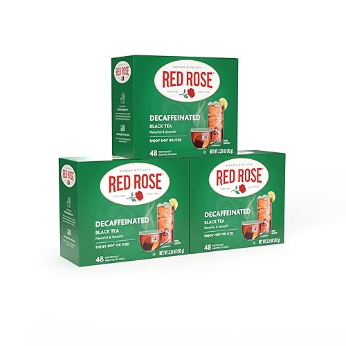 Red Rose Naturally Decaffeinated Black Tea, Smooth & Flavorful Decaf for Iced or Hot Tea in Bulk, Gluten-Free, 3 Pack of 48 Individually Wrapped