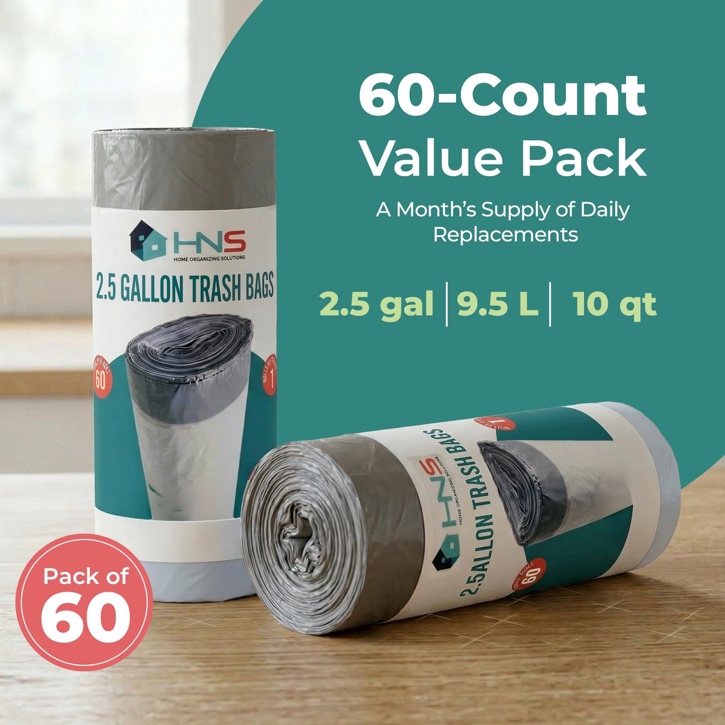 Small Trash Bags 2.5 Gallon (6L) - 60 Count Premium Heavy Duty Garbage Bags, Strong Tear-Resistant, Leak-Proof, Perfect for Bathroom, Office & Bedroom