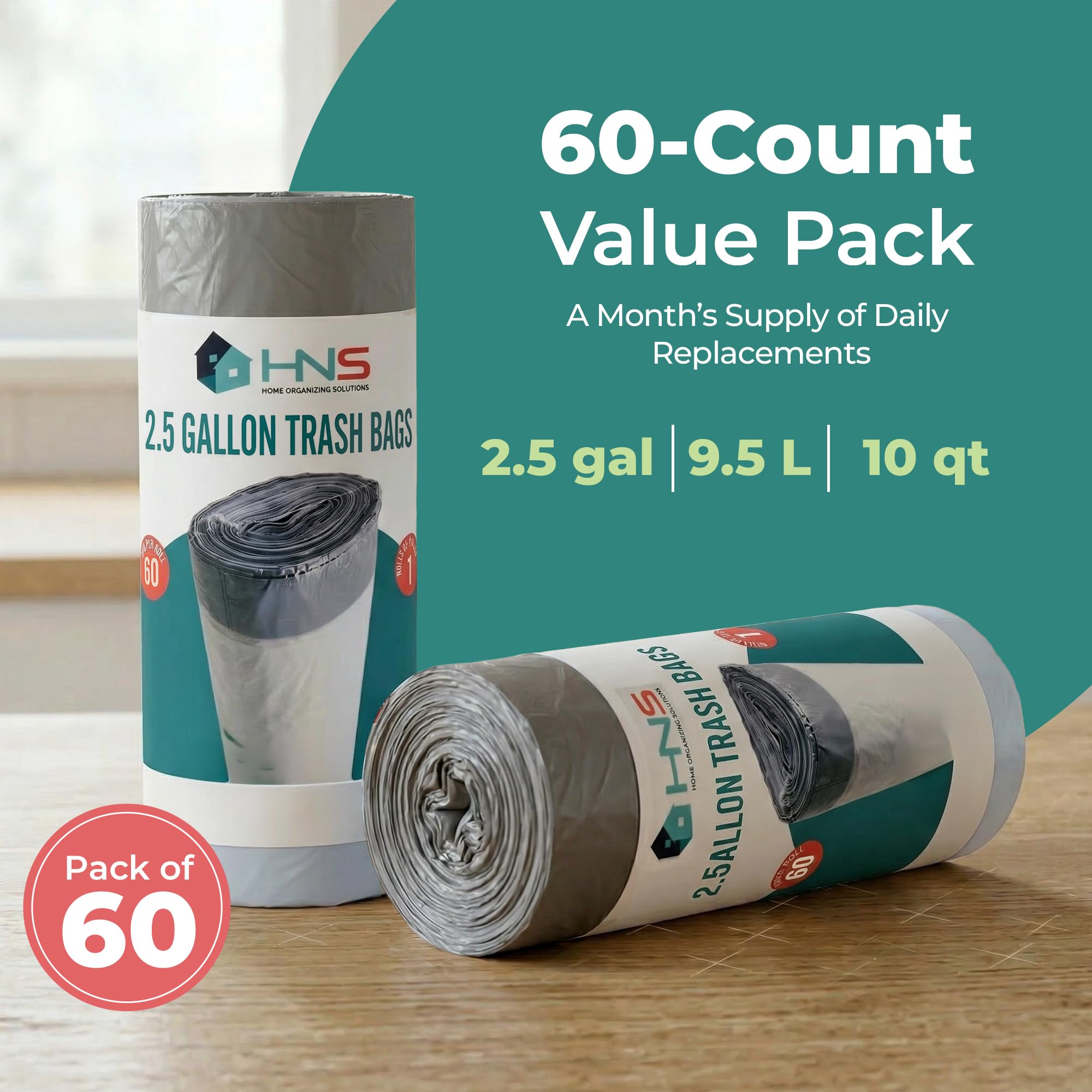 Small Trash Bags 2.5 Gallon (6L) - 60 Count Premium Heavy Duty Garbage Bags, Strong Tear-Resistant, Leak-Proof, Perfect for Bathroom, Office & Bedroom